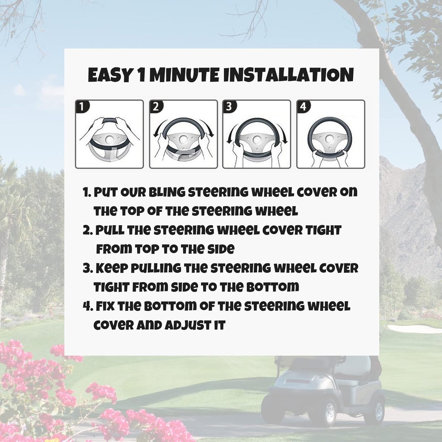 Universal Colorful Bling Crystal Diamond Rhinestones Golf Cart Steering Wheel Cover fits Club Car, Yahama, EZGO, Anti Slip Cover Easy to Install, Great Gifts for Golfer Women Womens (Colored Diamond)