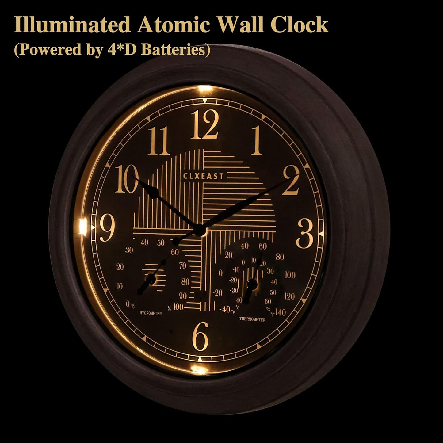 CLXEAST 18 Inch Farmhouse Illuminated Outdoor Atomic Wall Clock with Thermometer & Hygrometer Combo, Night Lighted Wall Clock with Smart Sensor, Weather Stations,Brushed Grey Oak Finish