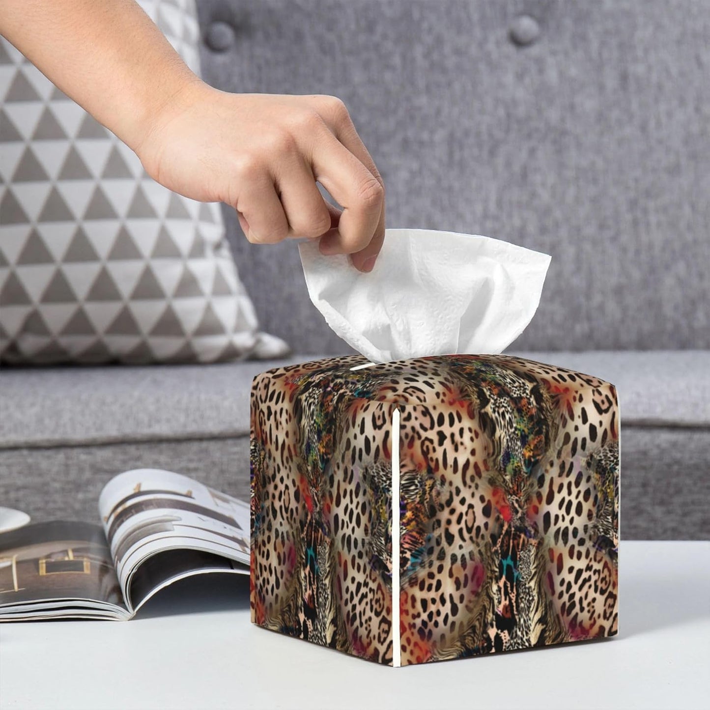 Leather Tissue Box Holder African Animal Leopard Print Tissue Box Cover Square Waterproof Tissue Holder Organizer Modern Napkin Holder for Bedroom Dresser Night Stand Office Desk