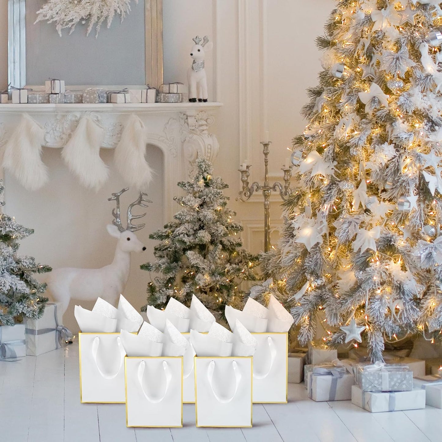 Yeaqee 24 Pack Metallic Paper Gift Bags with Handle and Tissue 9x7x3.1 Gold Foil Welcome Favor Bags Return Gifts for Wedding Fall 5 Senses Christmas Bridesmaid Birthday(White Gold)