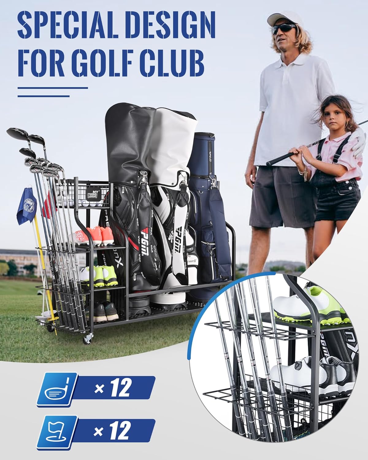 Mythinglogic Golf Storage Garage Organizer, Golf Bag Storage Stand and Other Golfing Equipment Rack, Extra Storage Rack for Golf Clubs