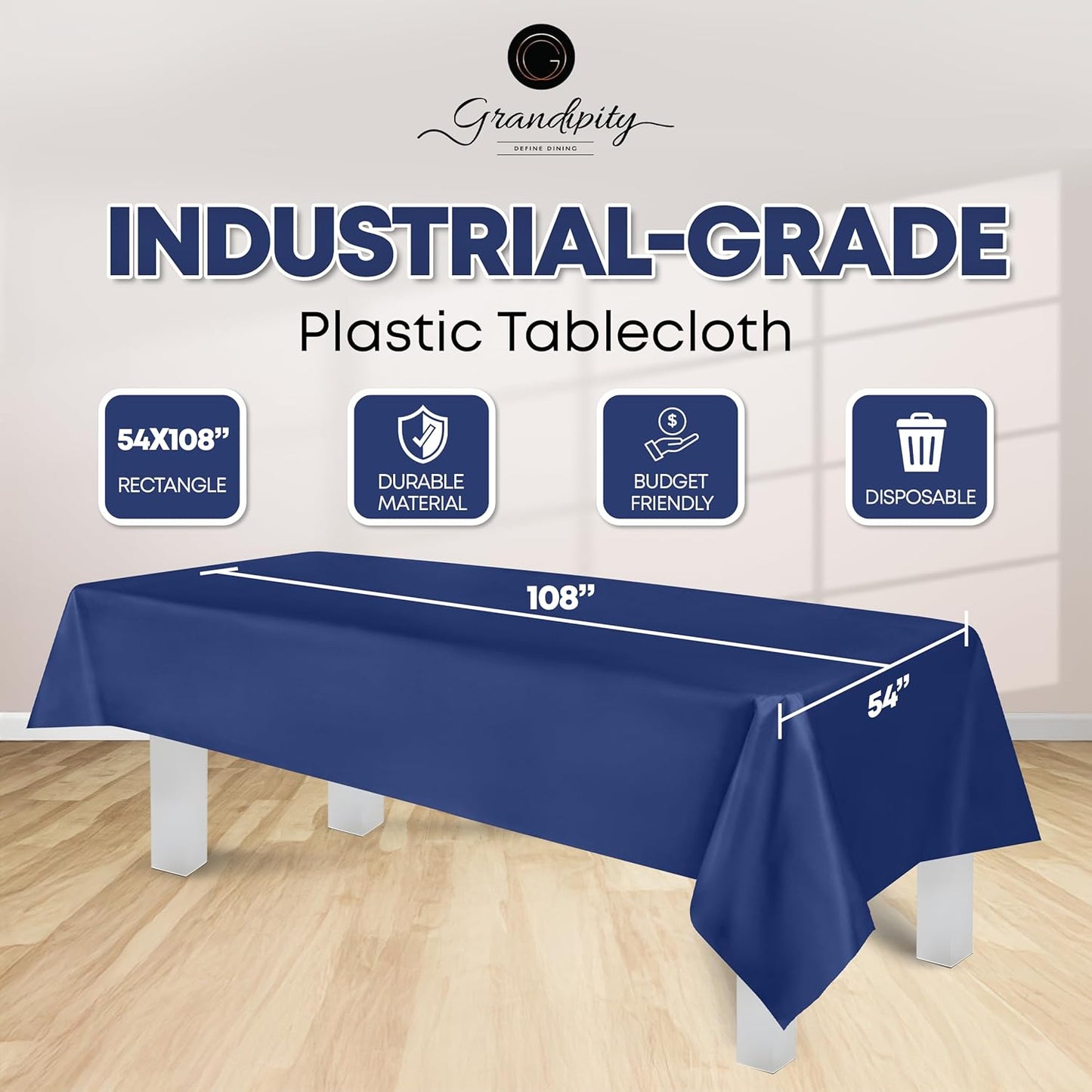Grandipity 12 Pack Premium Disposable Plastic Tablecloth 54 Inch. x 108 Inch. Decorative Rectangle Table Cover - Navy Blue