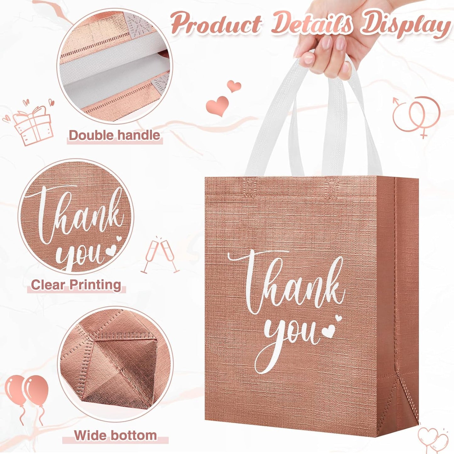Sweetude 30 Pcs Thank You Gift Bags with Handles Bulk Reusable Goodie Bag Non Woven Foldable Handbag for Graduation Wedding Bridesmaid Gifts(10 x 8 x 4 Inch,Rose Gold)