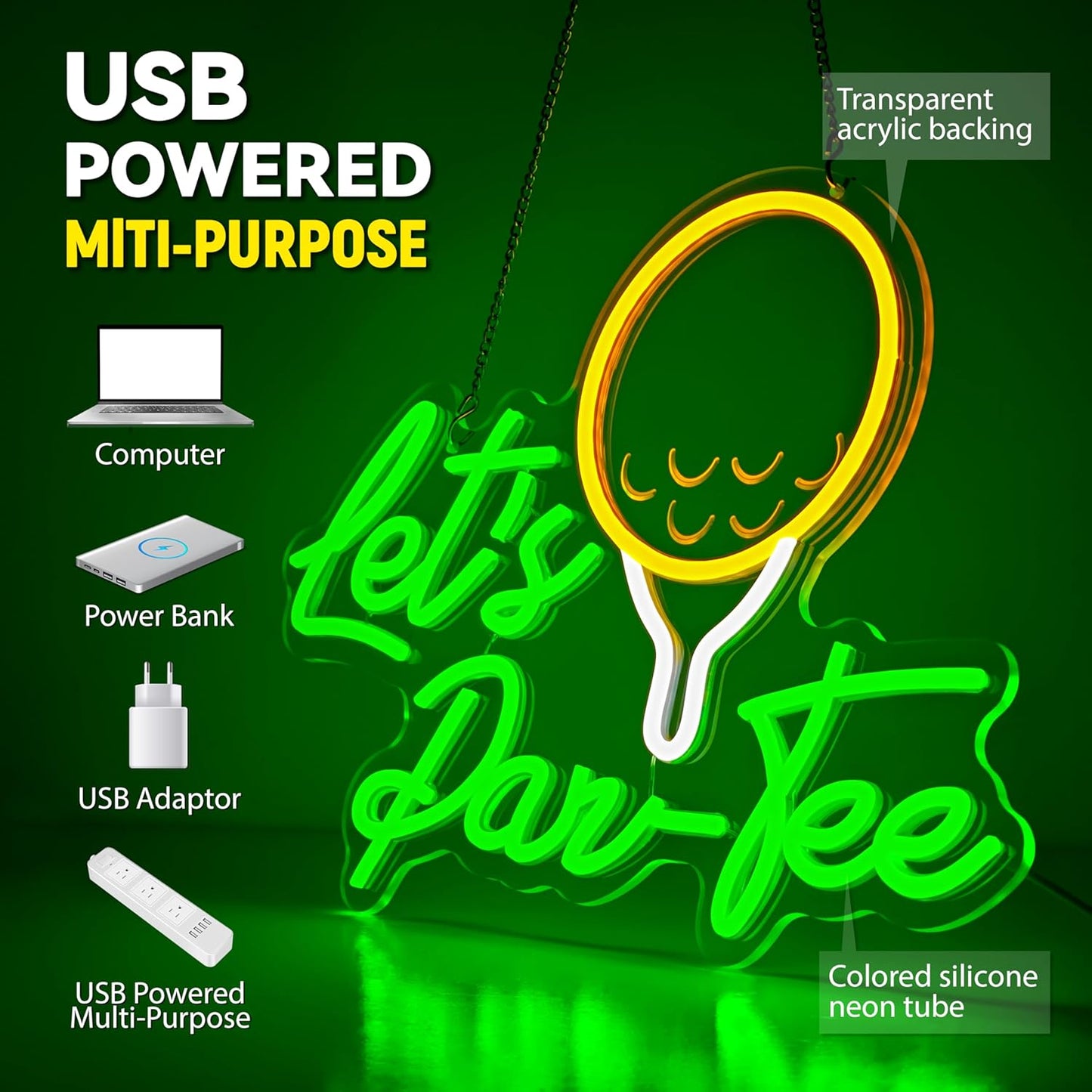 Let's Par Tee Neon Sign Funny Golf Neon Light for Wall Decor USB Dimmable Golf Ball Led Sign for Golf Party, Bar, Game Room, Man Cave Decor