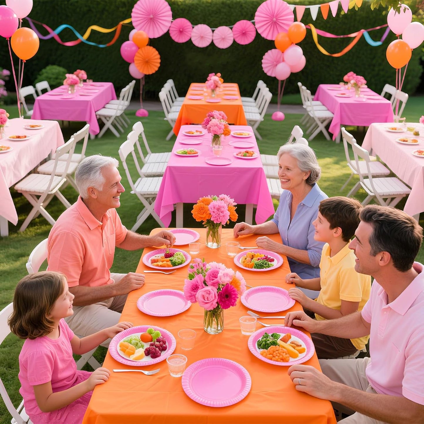 Grencian 3 Pack Pink and Orange Plastic Tablecloth Party Decorations Hot Pink and Orange Disposable Tablecloth Rectangle Table Cloth for Tequila Sunrise Sunset Birthday Party Decorations 54x108 Inch