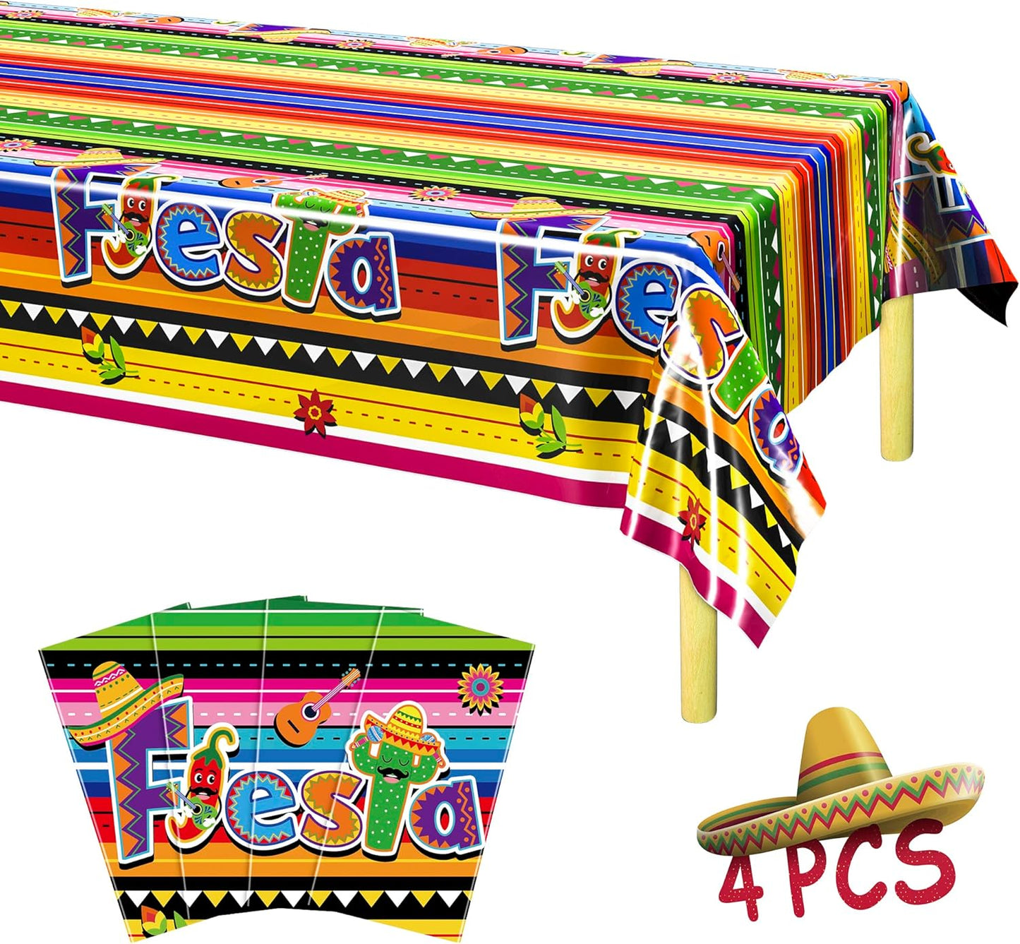 4 PCS Cinco De Mayo Tablecloth, 108"x54" Mexican Fiesta Tablecovers, Disposable Mexican Striped Table Covers, Plastic Party Table Cloth for Mexican Themed Party Supplies Carnival Taco Night Birthday