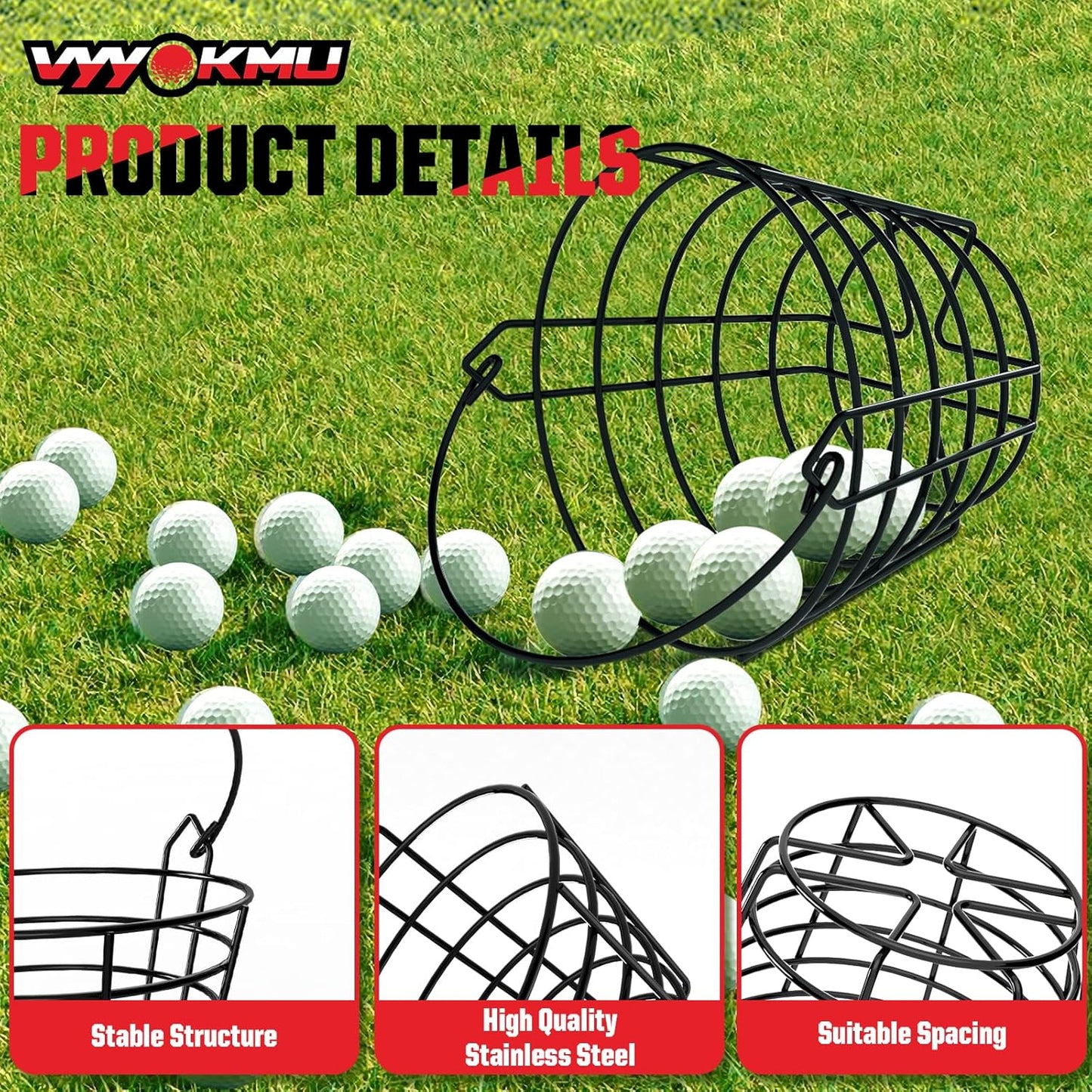 Mental Golf Ball Basket with Handle, 2 Pack Golf Ball Buckets, Stainless Bucket of Golf Balls, Holds 50 Balls of Golf Ball Holder, Portable Metal Baskets for Storage for Golf Cart Accessories