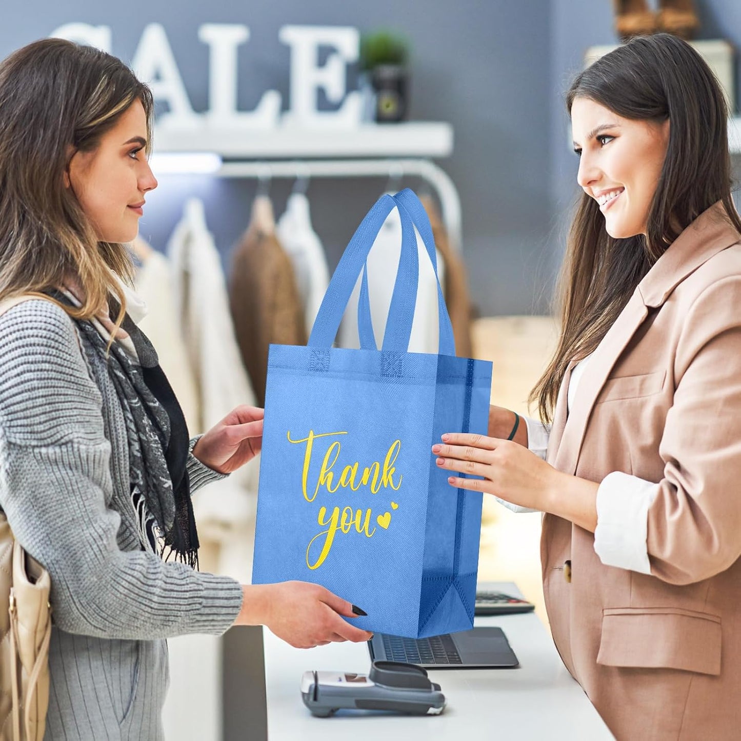 Sweetude 30 Pcs Thank You Gift Bags with Handles Bulk Reusable Goodie Bag Non Woven Foldable Handbag for Graduation Wedding Bridesmaid Gifts(10 x 8 x 4 Inch,Sky Blue)