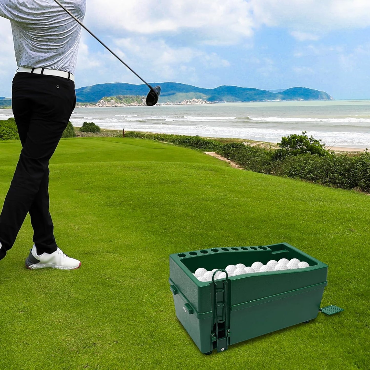 Automatic Golf Tee Machine with 9 Club Slots, Golf Ball Dispenser (Holds 100 Balls), No Electricity Needed – Golf Training & Practice Pitching Aid with 3 Batting Stands