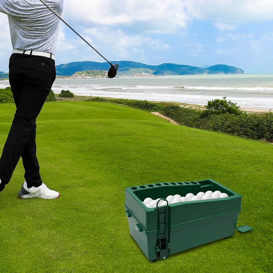 Automatic Golf Tee Machine with 9 Club Slots, Golf Ball Dispenser (Holds 100 Balls), No Electricity Needed – Golf Training & Practice Pitching Aid with 3 Batting Stands