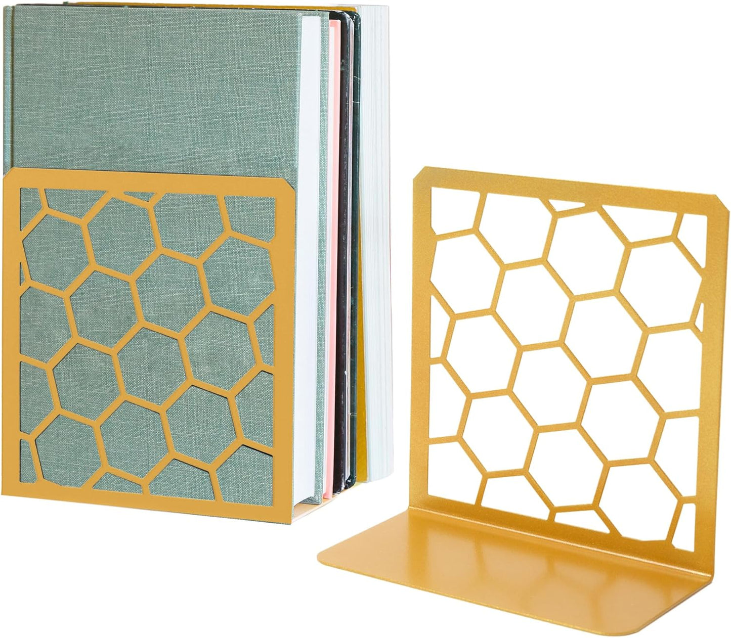 GEOMOD Geometric Honeycomb Gold Metal Bookends Decorative - Tall Sturdy Book Ends for Shelves - Modern Heavy Duty Bookend Stopper - Office or Home Book Shelf Book Holder - 6x3.25x6.25 Inches - 1 Pair