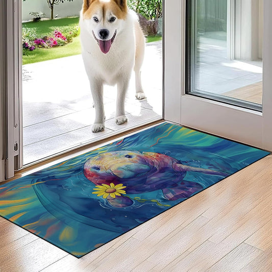Colorful Manatee with Flower Indoor Door Mat,Whimsical Marine Floor Doormat,17x29.5in,Non Woven Non Slip Rubber Backing Ocean Rug for Porch Insider,Kitchen,Doormats Gifts,Rv Camper Decor
