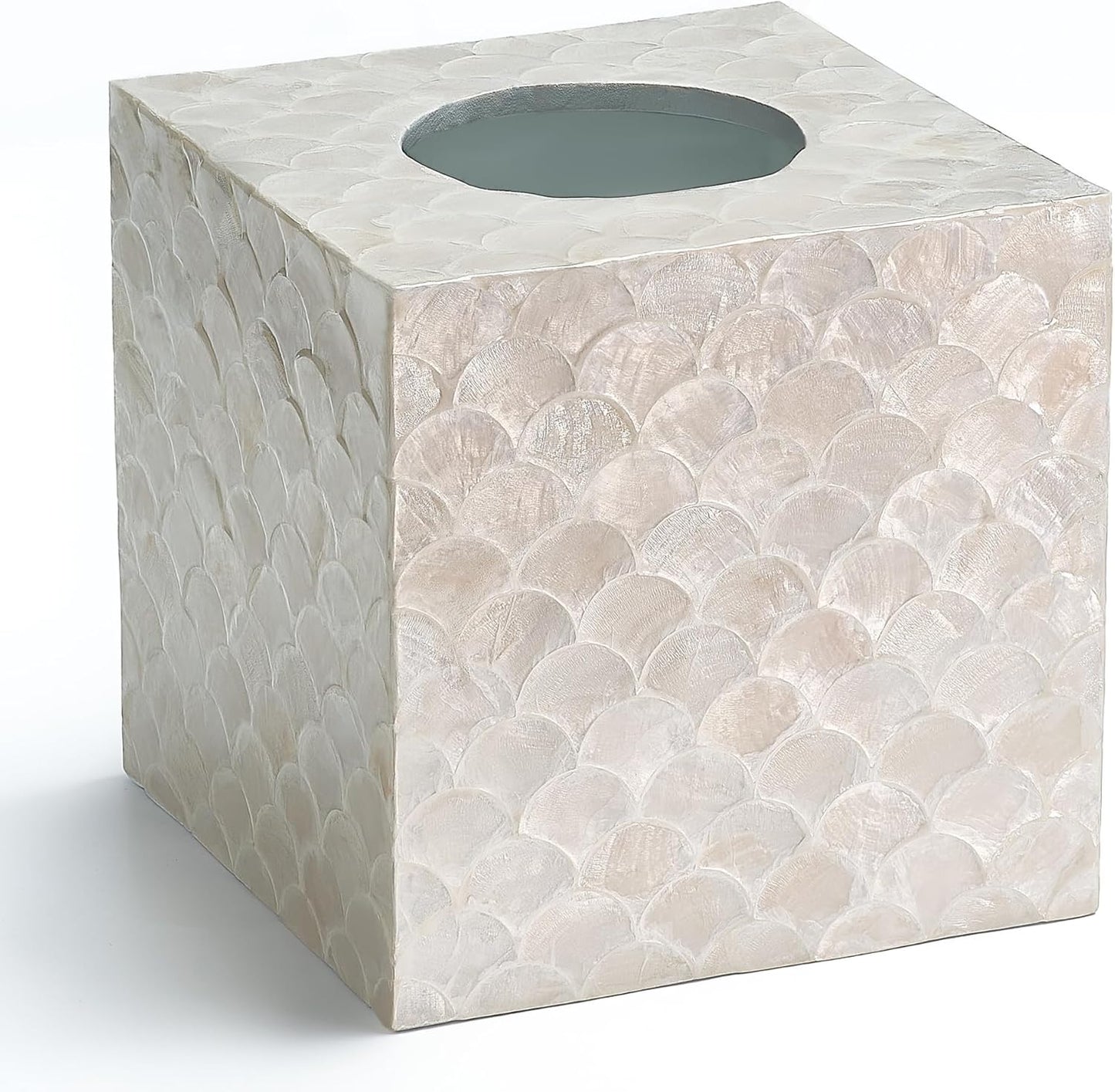 5.9” Capiz Tissue Box Cover, Square Decorative Tissue Holder with Bottom Slider, Handmade Bathroom Accessories, Elegant White Cube for Vanity, Bedroom, Office & Coastal Décor (Natural)