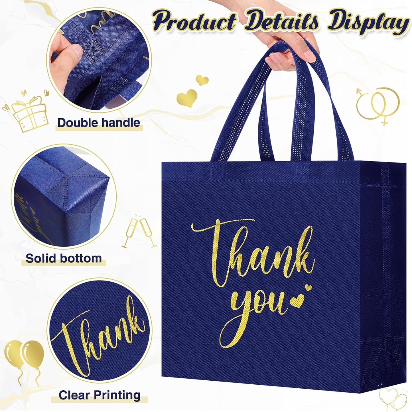 Sweetude 30 Pcs Thank You Gift Bags with Handles Bulk Reusable Goodie Bag Non Woven Foldable Handbag for Graduation Wedding Bridesmaid Gifts(11 x 12 x 5 Inch, Navy Blue)