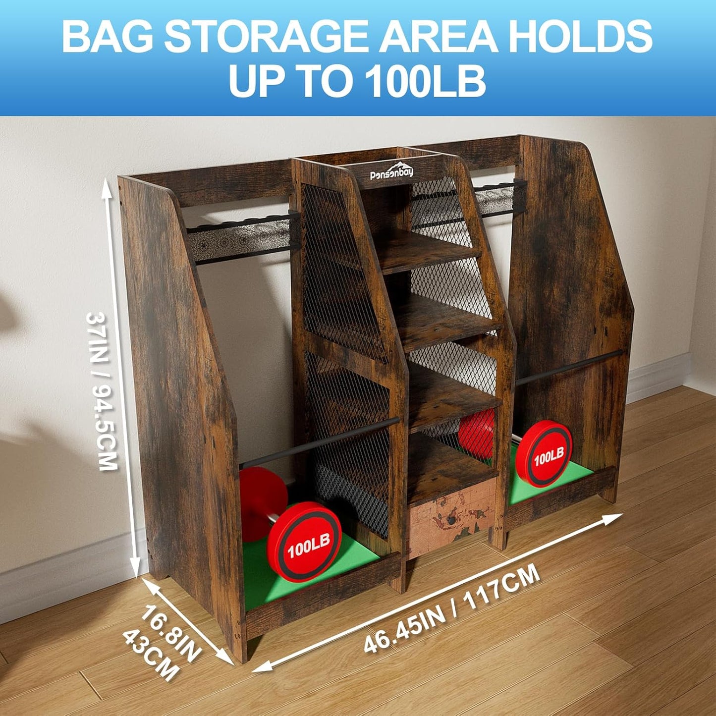 Golf Bag Storage Organizer for Garage, Premium Wooden 2 Golf Bags Rack with Drawer, Easy Assemble Golf Club Stand/Holder Suitable for Garage Home Simulator and Office