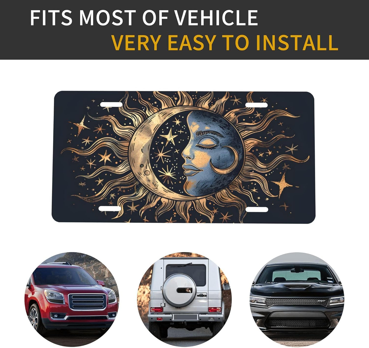 Sun Moon Face License Plate Funny Aluminum Front License Plates Decorative Waterproof Rust-Free Metal Car Plate Covers for Women Men Car Tag Accessories fit Truck SUV Rv 12 X 6 Inch