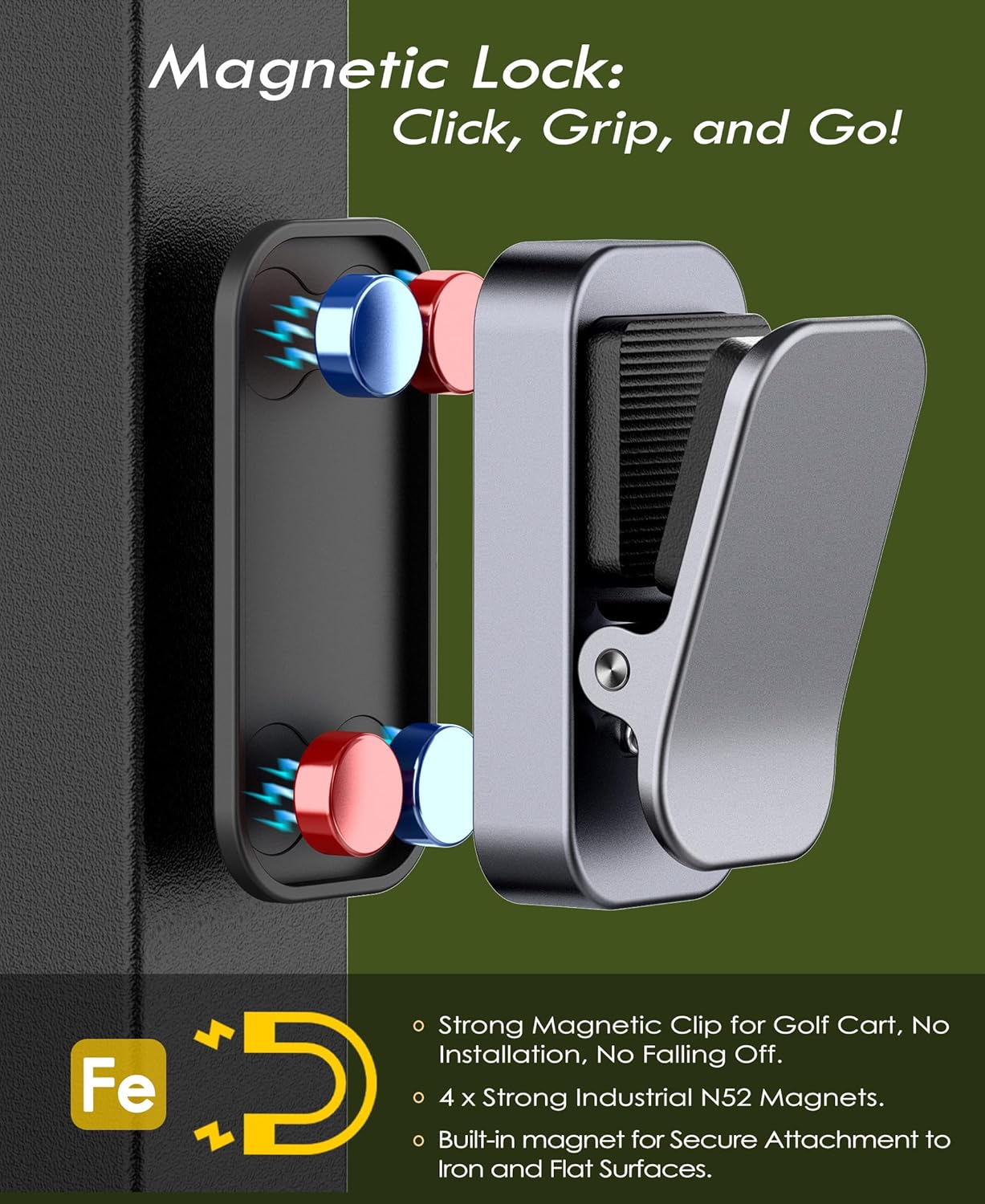 Sunglass Holder for Golf Cart, Magnetic Aluminium Sunglass Holder Clip Accessory for Golf Carts, Silicone Padded Eyeglass Clip Universal Fit with Gift Storage Bag