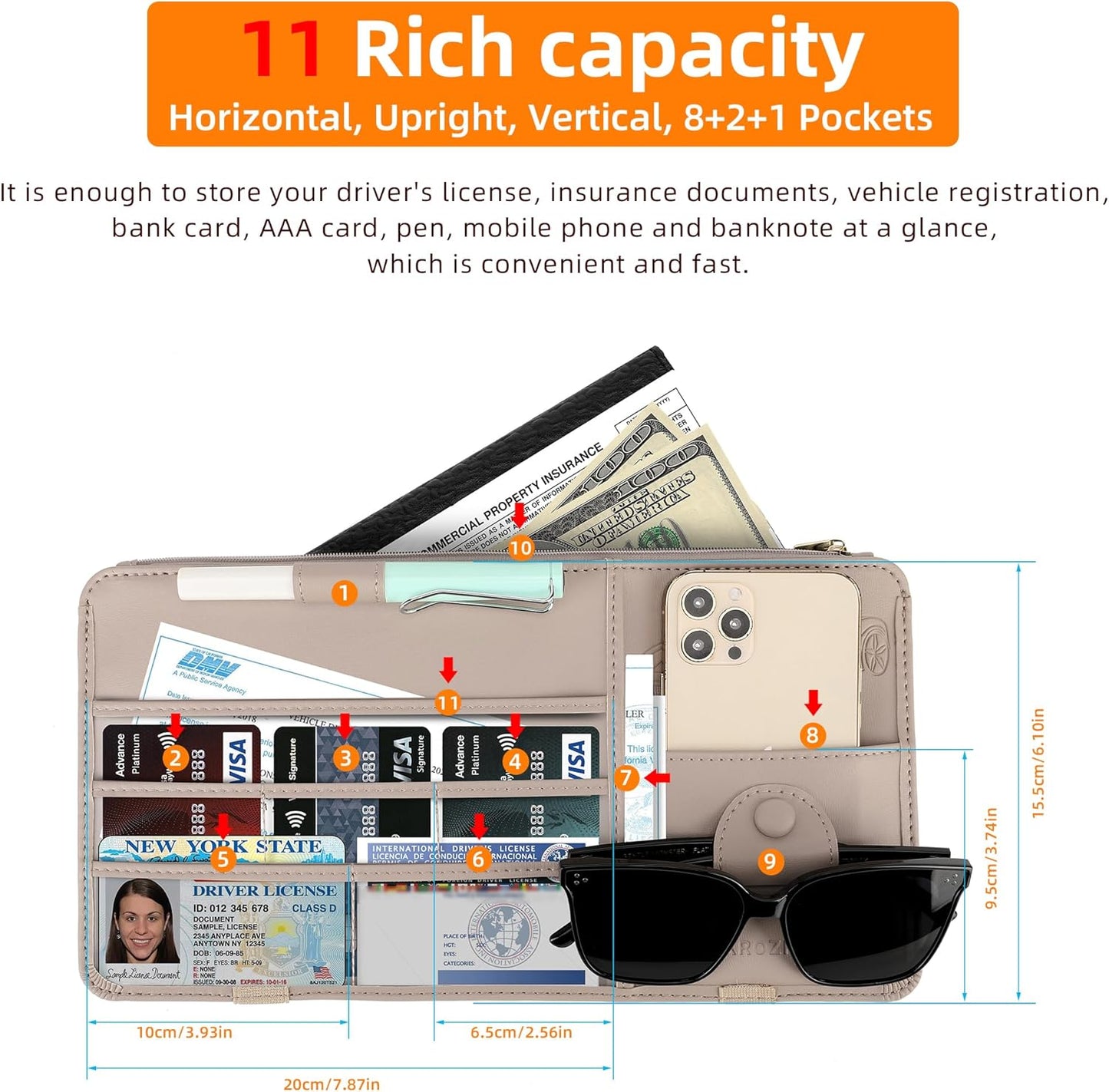 Leather Car Sun Visor Organizer for Cars, Trucks & SUVs: Features Sunglasses Holder, Secure Zipper Pockets, and 6 Clear Windows for Registration, Driver's License, and Insurance Card（Shallow Khaki）