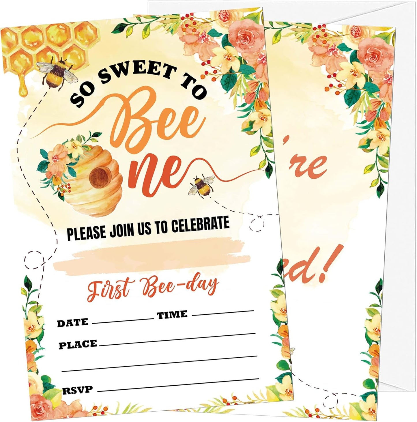 Honeycomb 1st Birthday Invitations, 20 Invitation Cards with Envelopes, Sweet Bee Invites for Party Decorations Favor Supplies - A04