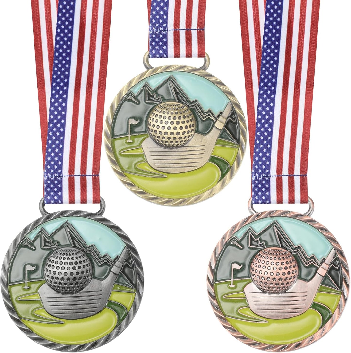 3 Pcs Golf Color Medal Gold Silver Bronze Golf Ball Award Medals with Neck Ribbon for Kids Adults Sports Tournament