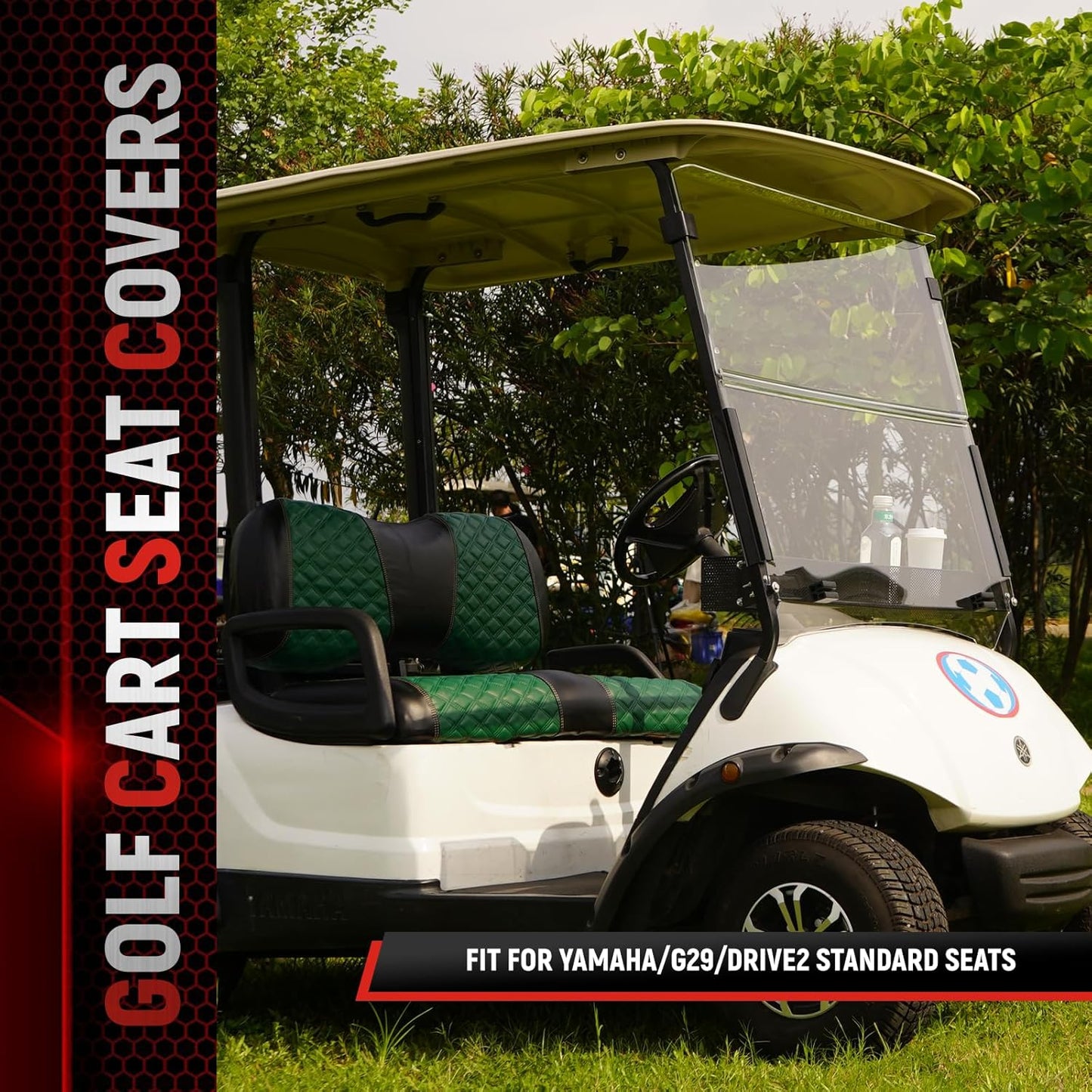 Golf Cart Front Seat Covers for Yamaha Drive 2007-2016/Drive 2 2017+ Front OEM Universal Seat Cushion, Marine Grade Vinyl Leather Seat Covers/Easy to Install-Green(2PCS)