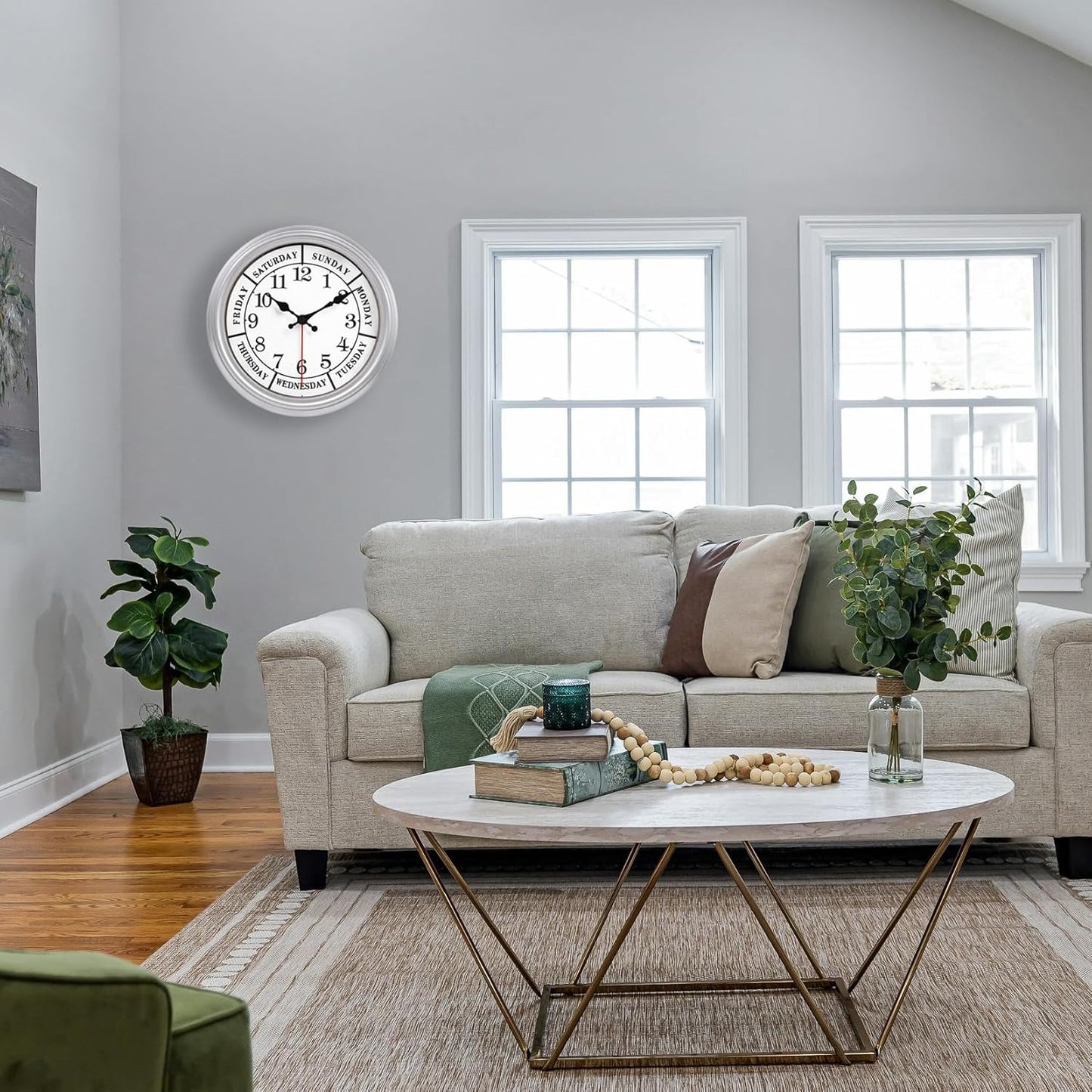 JENLYSTIME 12 Inch Retro Wall Clock,Classic Day of The Week Wall Clock,Silent Non Ticking Battery Operated Movement(Silver)