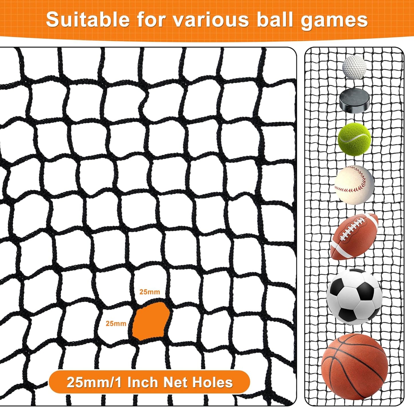 Nylon Golf Net 10-50ft - Practice Hitting Net With Rope and Carabiners, Durable Weatherproof Barrier for Baseball, Hockey, Soccer