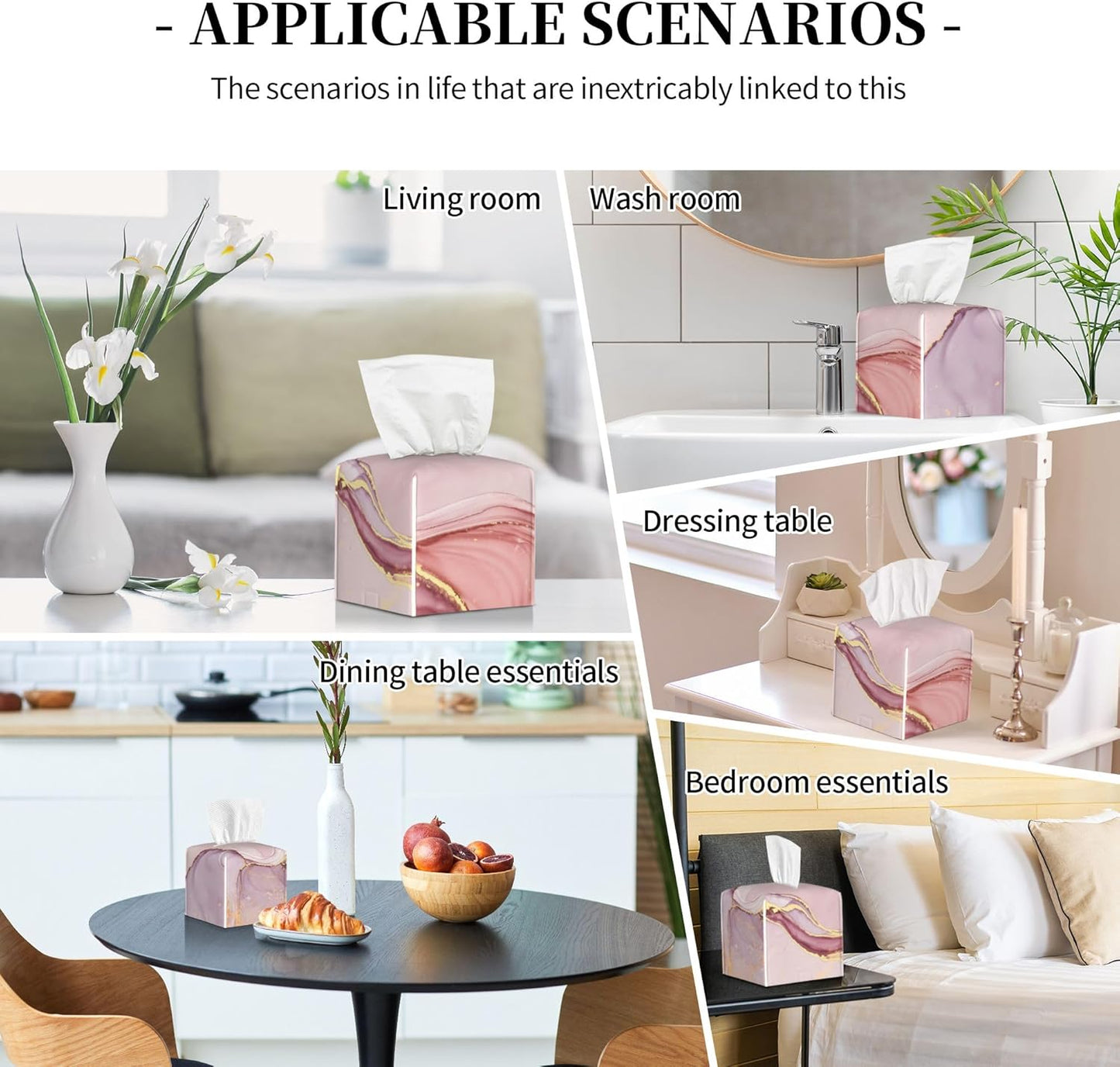 Tissue Box Cover Square, Pink Golden Liquid Marble Leather Tissue Box Holder Decorative Organizer for Bathroom, Home Office Car Decor