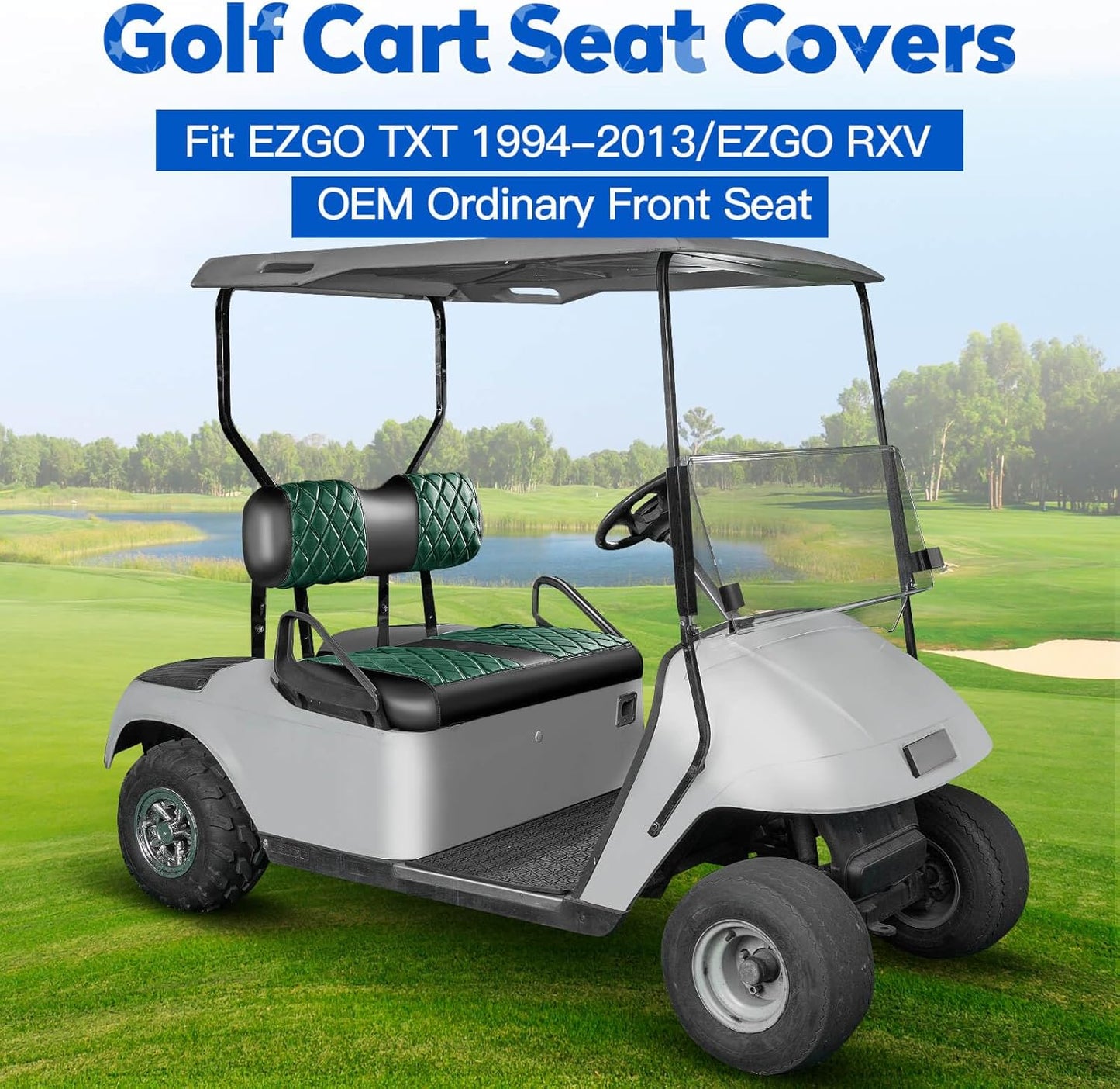 NOKINS Golf Cart Diamond Seat Covers Kit, Fit for EZGO TXT 1994-2013/EZGO RXV OEM Standard Front Seat Cushion, Golf Cart Vinyl Seat Cover, No Nails Required (Dark Green and Black)