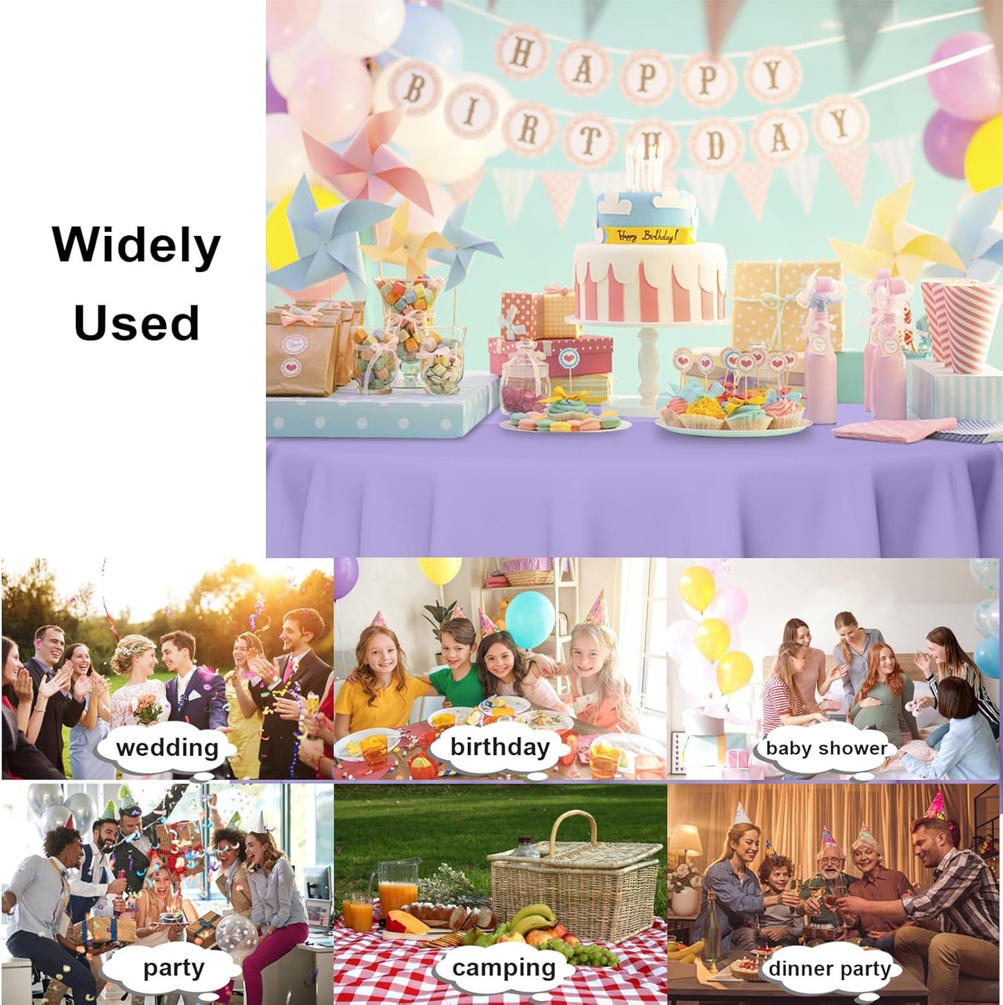 3 Pack Round Disposable Light Purple Tablecloth, Light Purple Plastic Table Cloths for Parties Disposable, 84x84 in Waterproof Camping Tablecloth for Birthday Party Baby Shower Picnic School