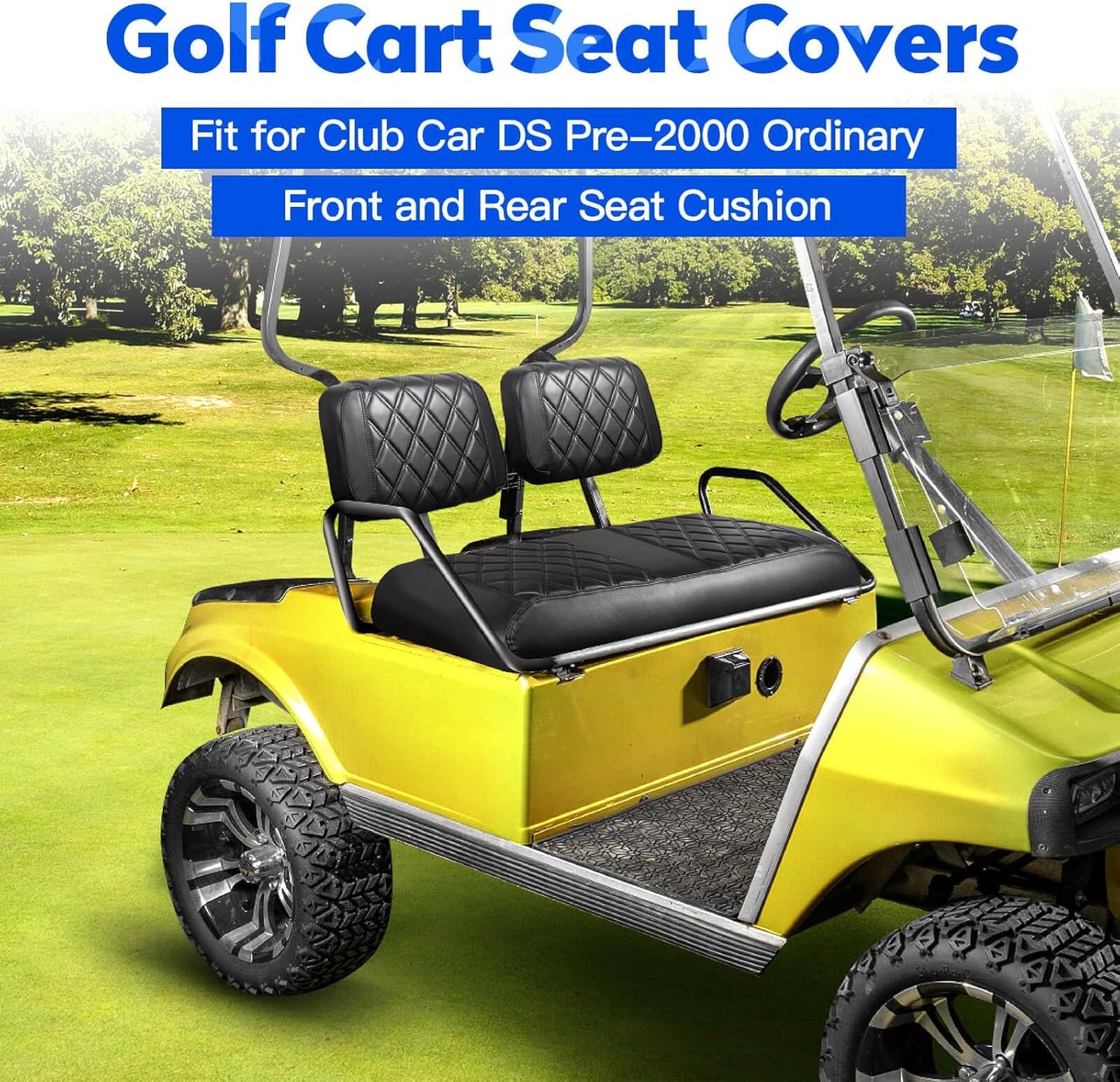 NOKINS 4PCS Golf Cart Seat Covers Kit, Front and Rear Seat Covers Fits Club Car DS Pre-2000 Standard Seat Cushion, Club Car DS Vinyl Seat Covers Accessories(Black&Black Stitching)