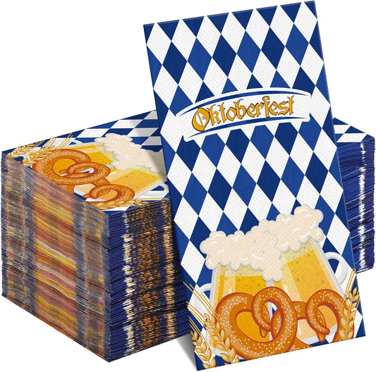 100 Pieces Oktoberfest Napkins Disposable Blue White Plaids Party Napkins 7.8 x 4.3 Inch Bavarian Flag Paper Cocktail Napkins Supplies for Oktoberfest German Beer Festival Party Decorations