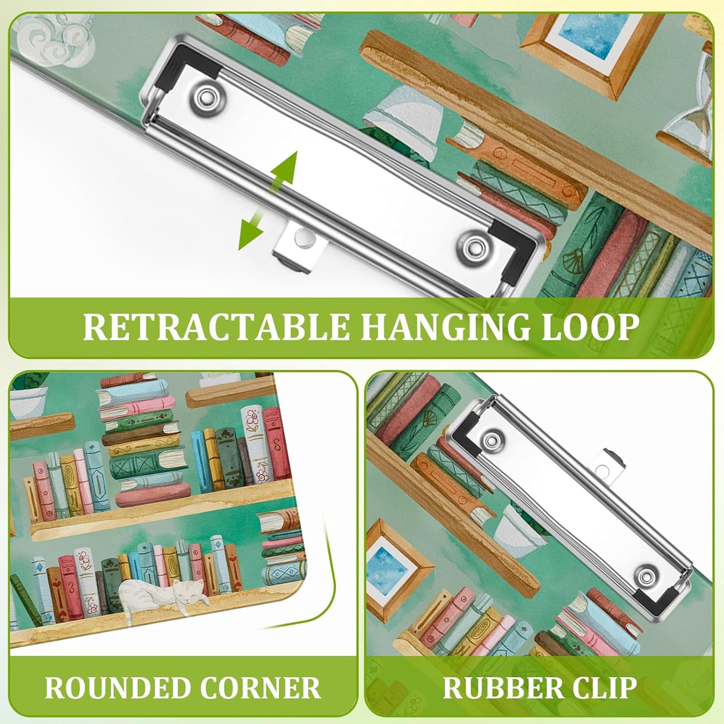 Cat Bookshelves Clipboard,Decorative Acrylic Clipboard with Low Profile Metal Clip for Office,School,Teachers,Students Standard Letter Size 9x12.5