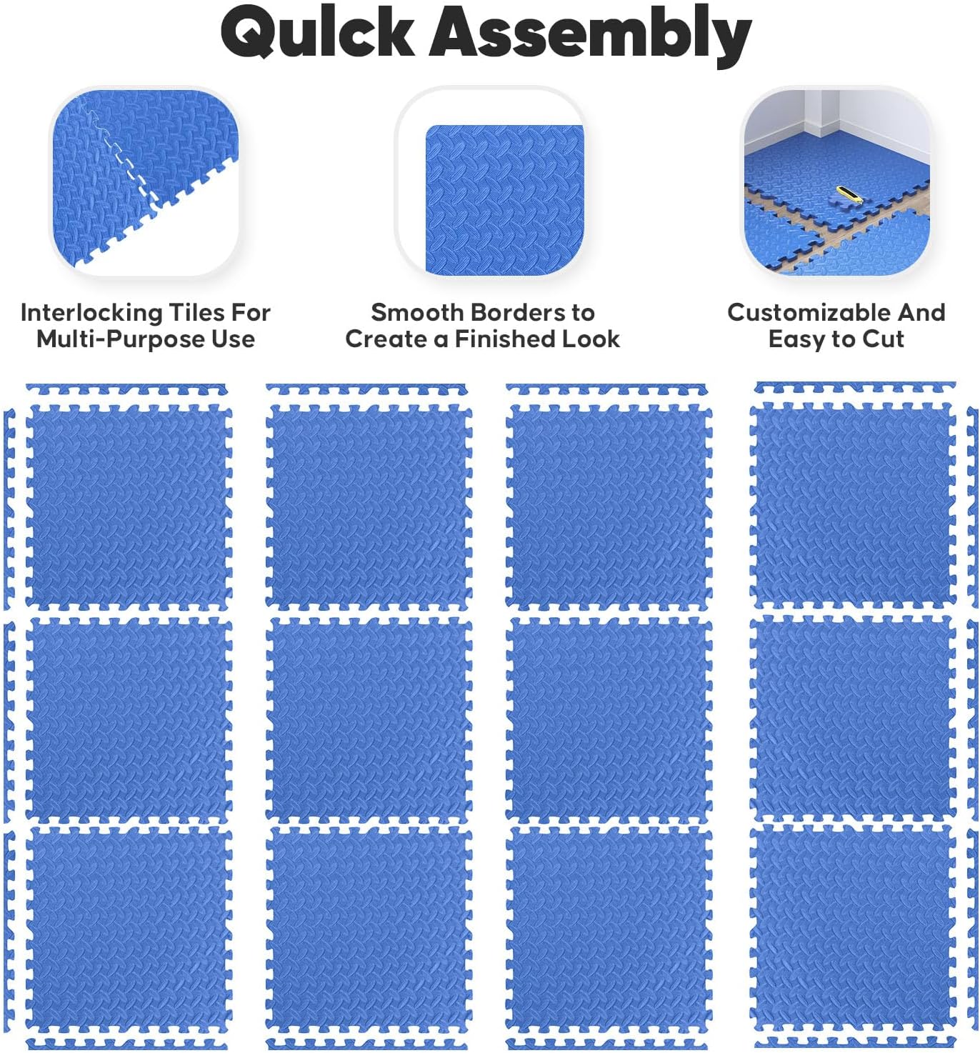 Home Gym Mat, Puzzle Exercise Mat, EVA Interlocking Foam Floor Tiles for Home Workout Equipment and Kids' Play Areas -, 24 in x 24 in x ½ in, Blue 36 Tiles