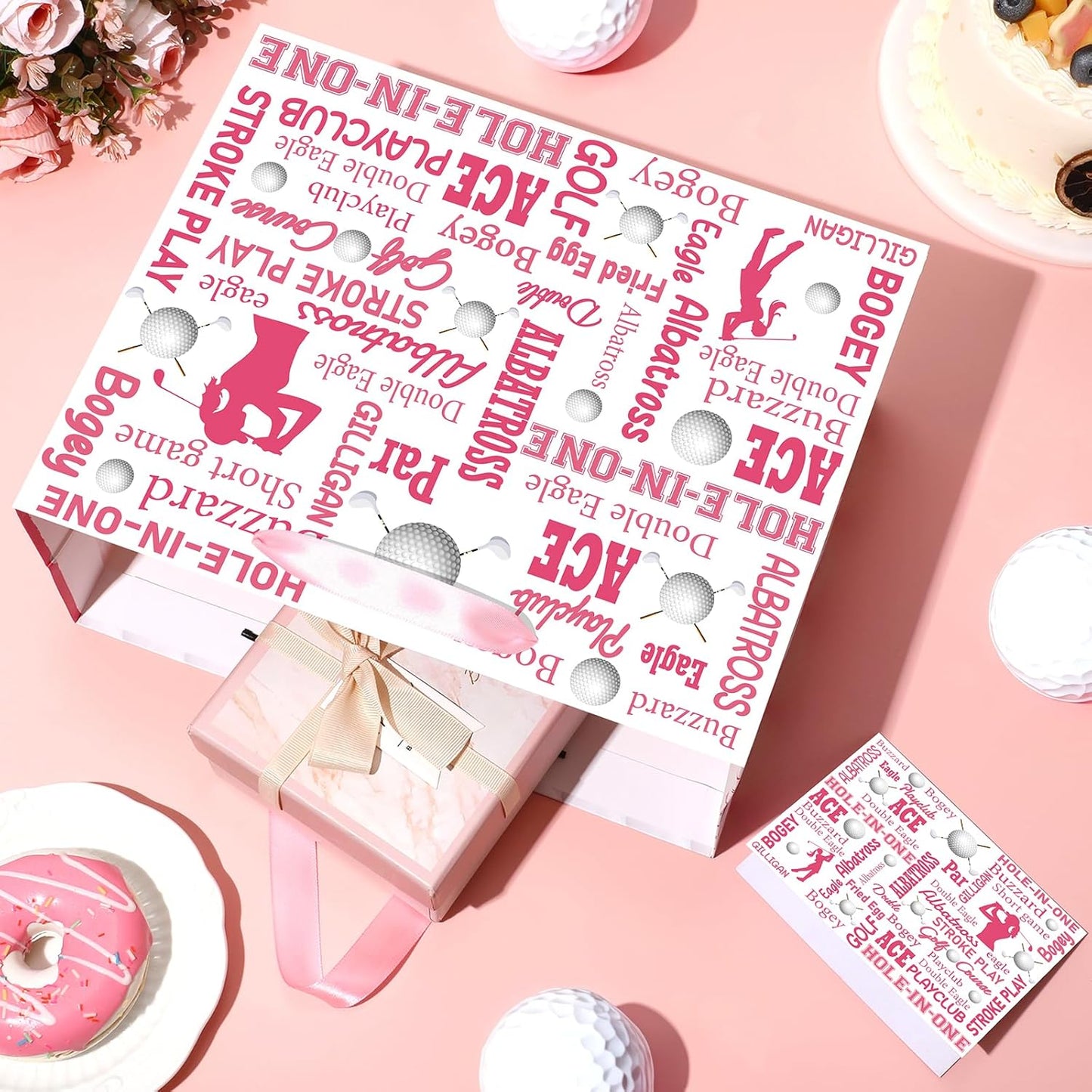 Golf Party Gift Bag for Girls Women, Large Pink Golf Gift Wrap Bag with Tissue Paper Greeting Card Decorations for Sports Team Birthday Party Favors Baby Shower Goodie Treat Wrapping Paper Supplies