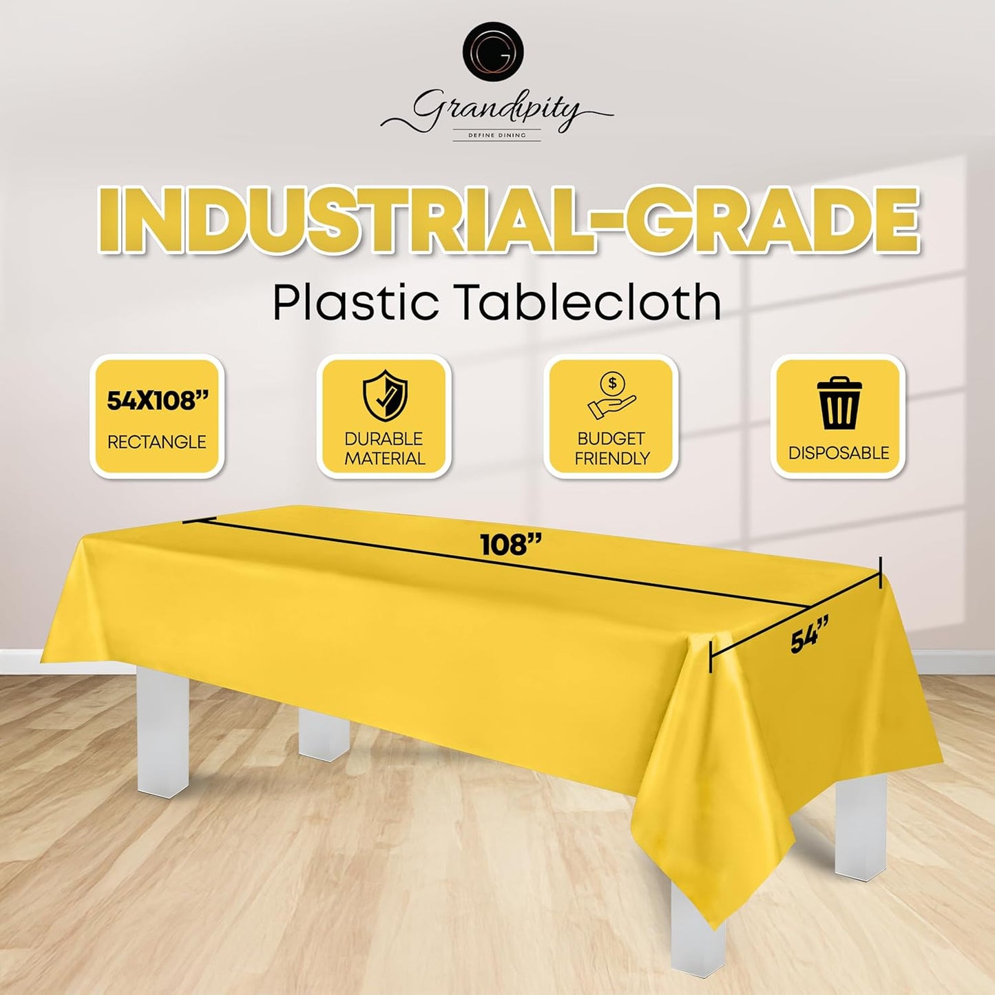 Grandipity 12 Pack Premium Disposable Plastic Tablecloth 54 Inch. x 108 Inch. Decorative Rectangle Table Cover - Yellow