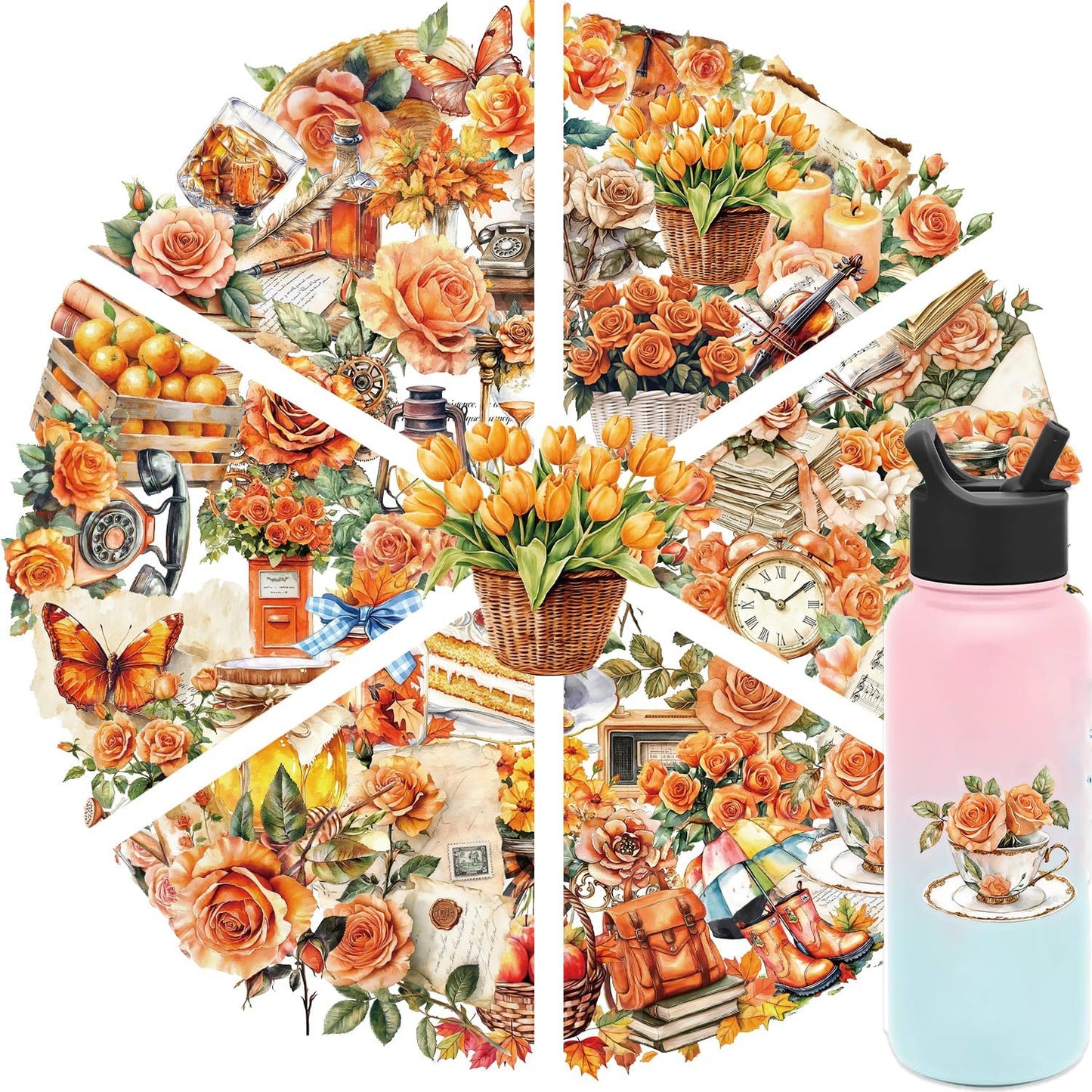 200 Pcs Natural Flower Stickers for Scrapbooking, Self-Adhesive Transparent Floral Stickers in 4 Colors, Journaling Supplies for Adult Card Making, Water Bottle Decoration (Vintage Rose)