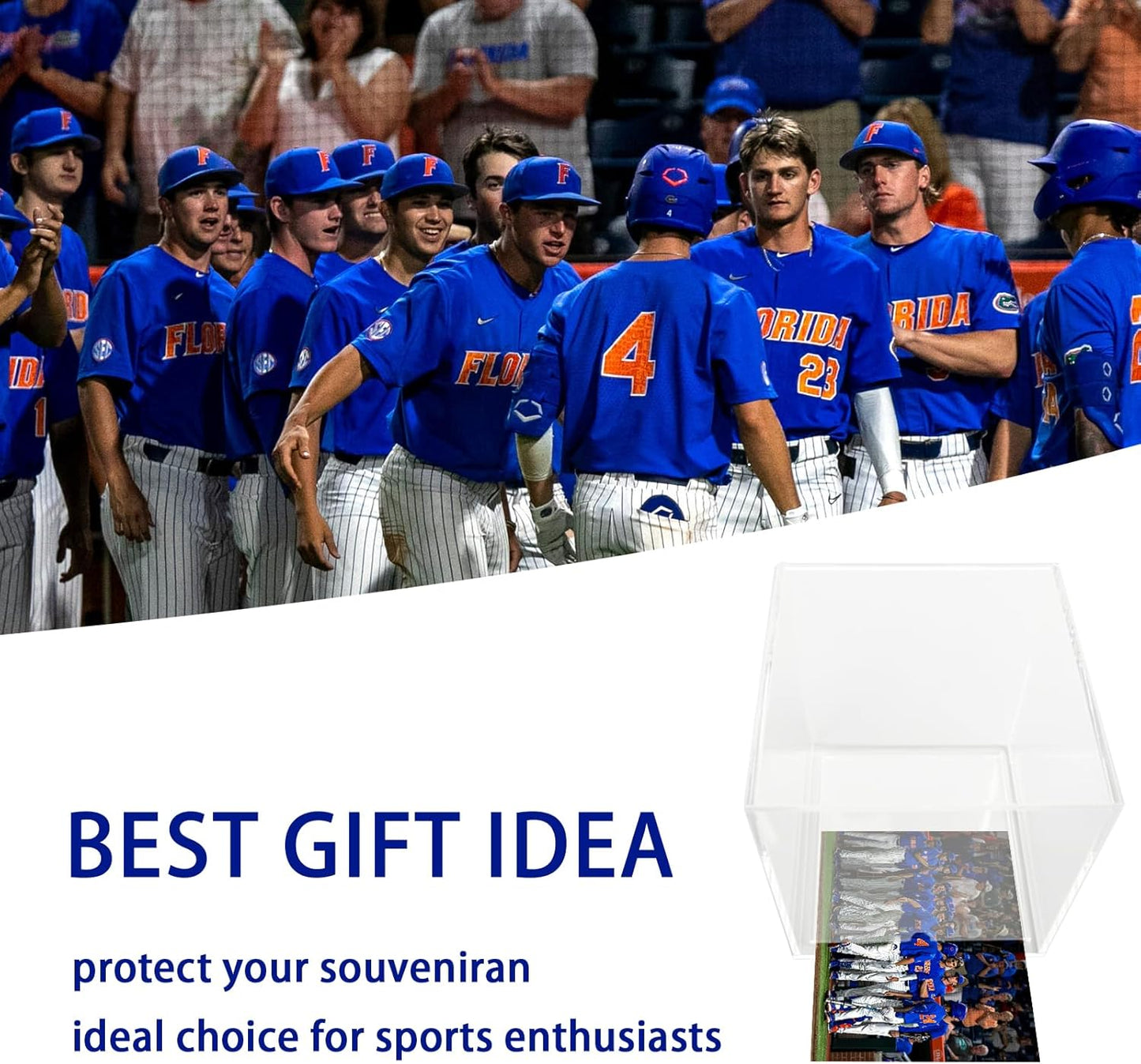 Clear Softball Display Case with Wood Base and Compartment for Photos,Cards,Acrylic Ball Display Holder for 12 inch Softball,UV Protected Cube Stand for Tennis Ball Baseball,Sport Collection Showcase