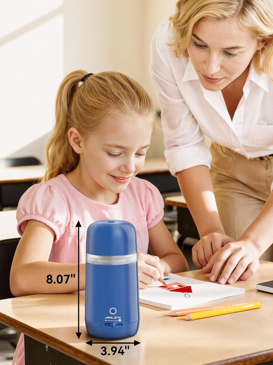 JARLINK Automatic Electric Pencil Sharpener - Hands-Free Operation, 3 Sharpness Modes, 3-Second Sharpening, Rechargeable & Portable for 7-12mm Pencils, Ideal for Classroom and Home Use (Blue)