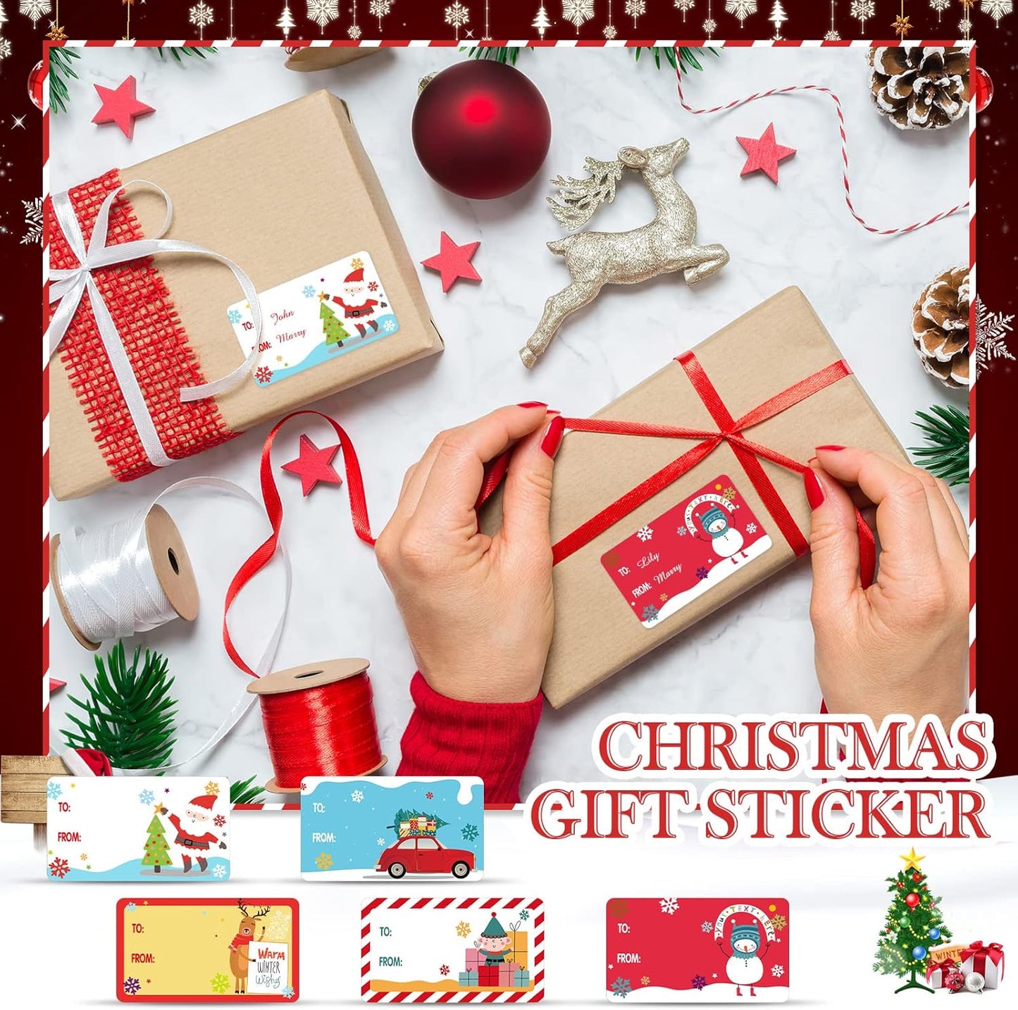 Outus 500 Pieces Christmas Tags Self Adhesive Gift Tags for Xmas Presents Christmas Name Labels Stickers for Wrapping Paper Festival Birthday Holiday Decor(Cartoon Style,2.95 x 1.6 Inch)