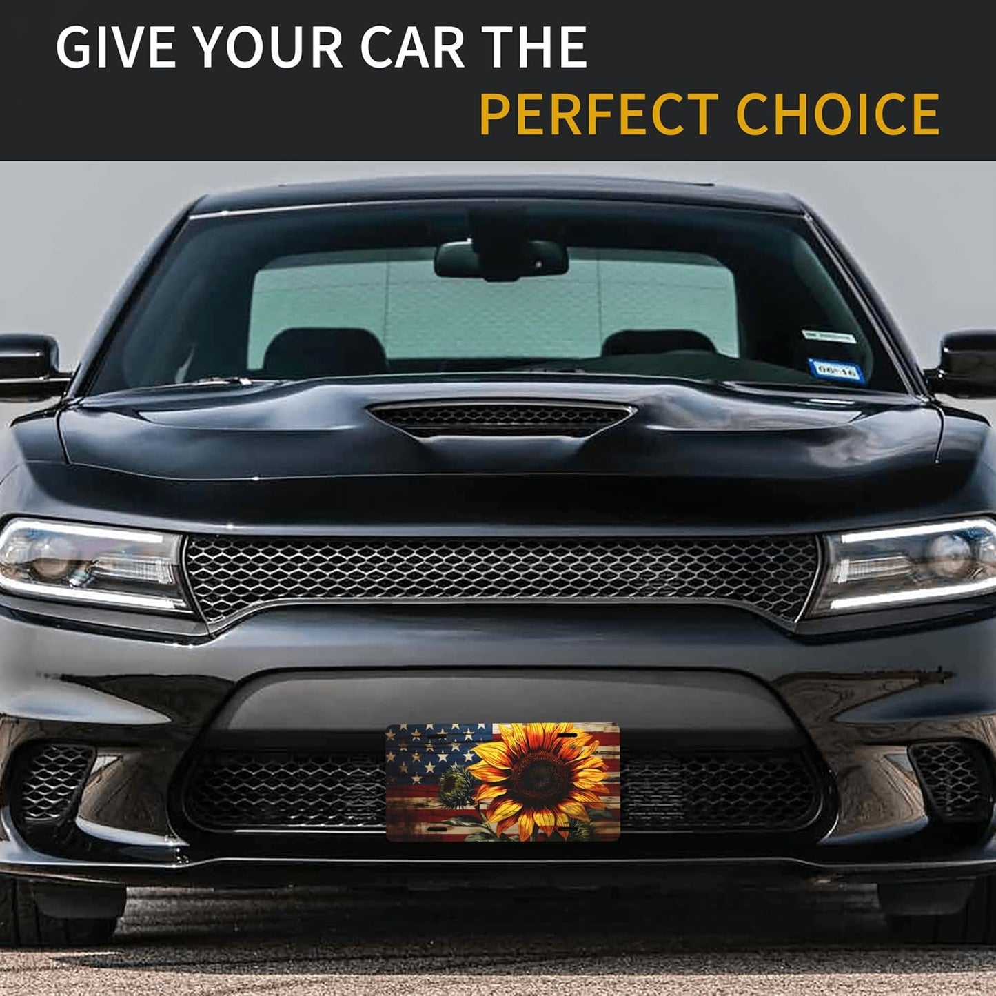 Front License Plate for Car Designs American Flag Sunflower Flower Stainless License Plate Cover Holder for Men Women Metal Aluminum Decorative Accessory Vanity Tag Standard 6 X 12 Inch (4 Holes)