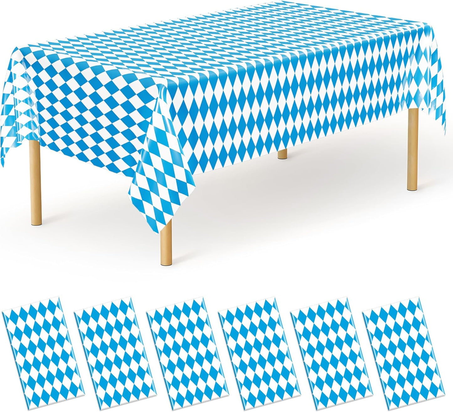 QZYL 6 PCS Oktoberfest Party Supplies, 54 X 108 in Rectangular Plastic Bavarian Blue White Diamond Checks Tablecloth, Disposable Oktoberfest Decorations, Tablecloth for Wonderland Picnic Beer Party