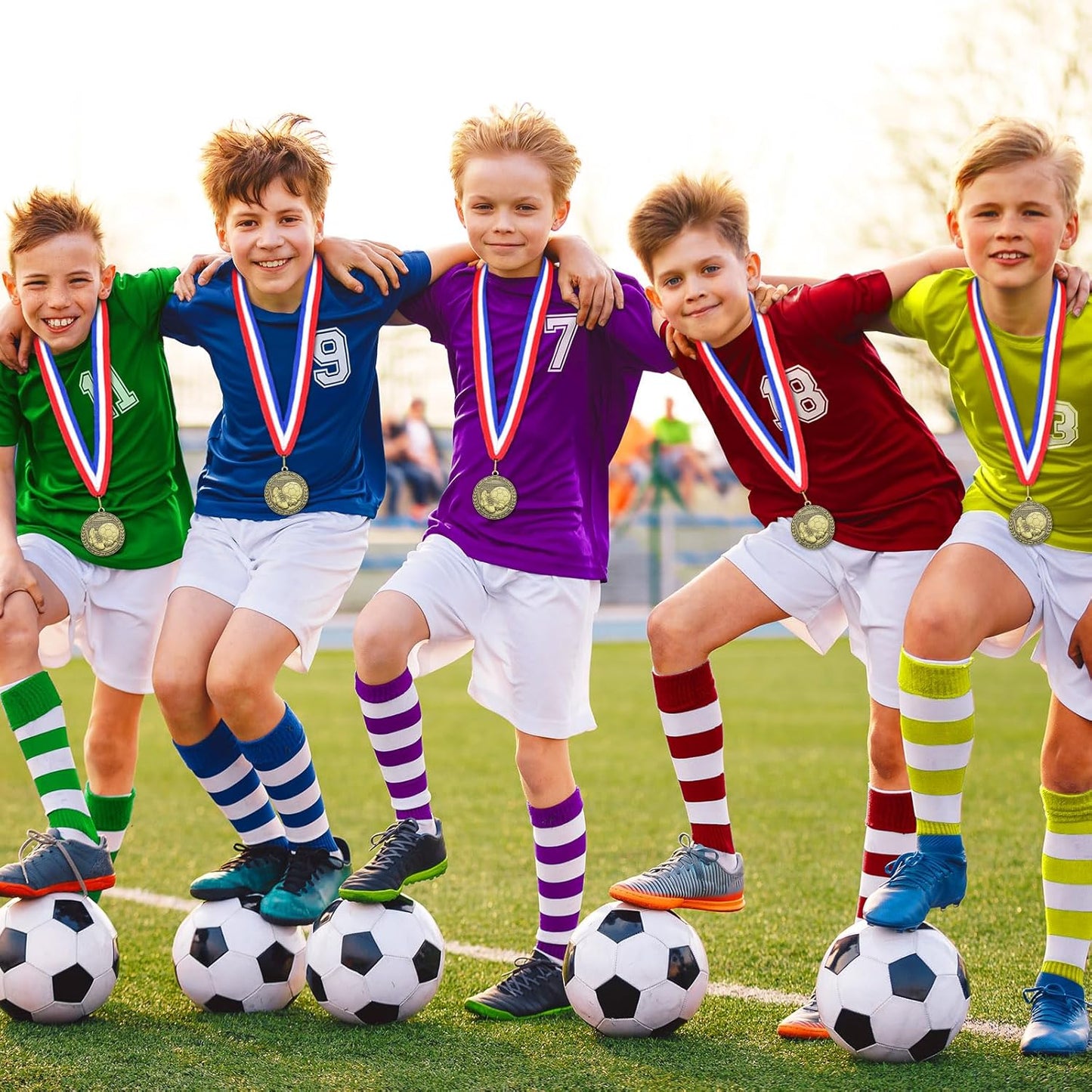 36 Pcs 2'' Gold Medals Bulk Volleyball Football Basketball Soccer Baseball Archery Dink Ball Cheer Track Bowling Awards Medals with Ribbons for Sports Participation Winner Gift