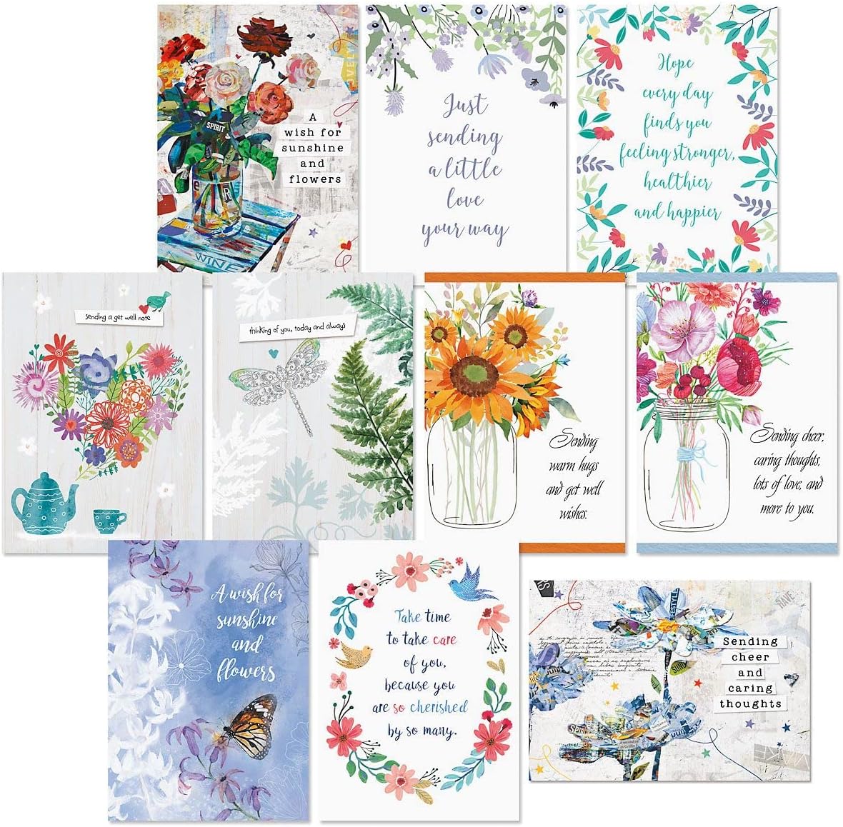 Current Caring Get Well Wishes Greeting Cards Value Pack - Set of 20, 10 Unique Designs, Large 5 x 7 Inch Cards, Sentiments Inside, Envelopes Included