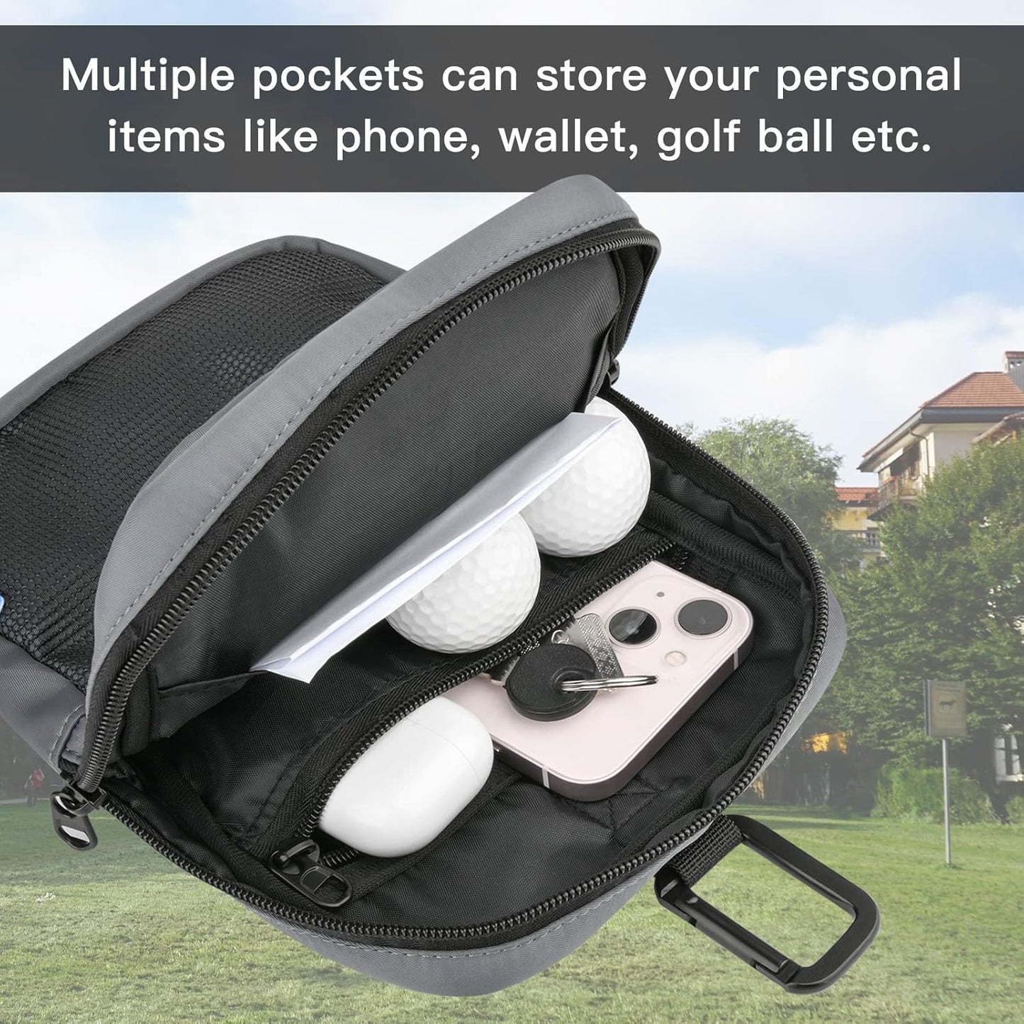 Xxerciz Golf Ball Pouch Bag Multi Pocket with Clip, Durable Nylon Golf Accessory Bag Organizer for Extra Phone, Ball, Tees, Pencils, Wallet, Ball Markers