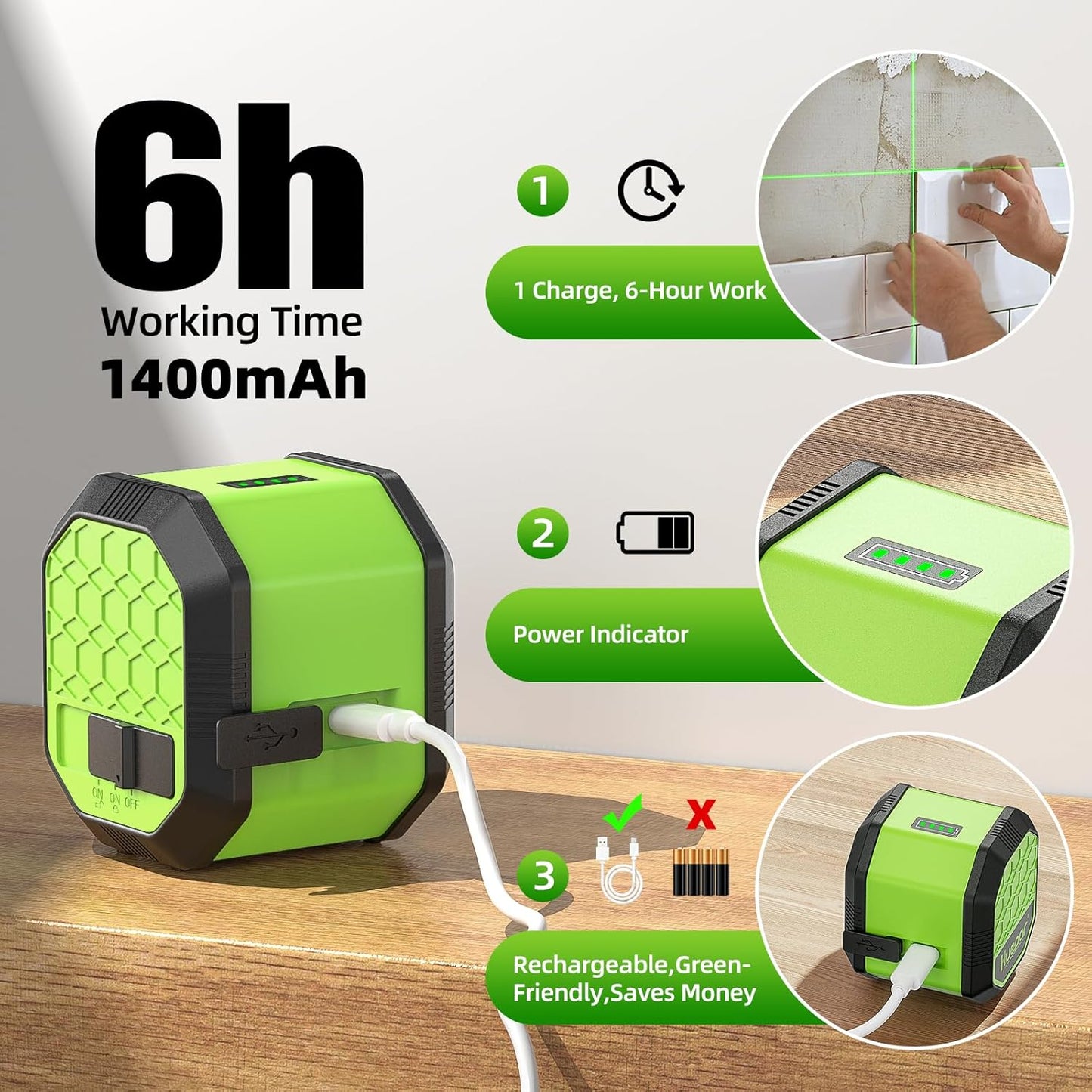 Laser Level with Tripod, HUEPAR 100Ft Self Leveling Laser Level Rechargeable Green Cross Line Laser Leveler Tool for Picture Hanging, Tile, Home Renovation, Carrying Bag Included (25.6 in Tripod)