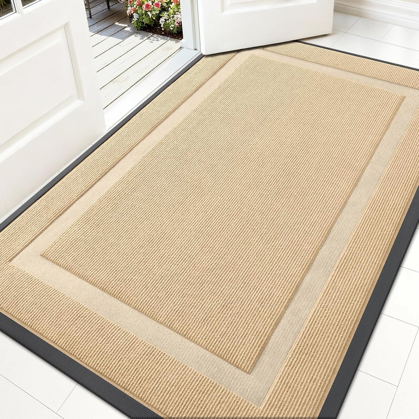 OLANLY Front Door Mat Indoor Outdoor Entrance, Waterproof All-Season, All-Weather Doormat, Sturdy Natural Rubber, Fade Resistant, Low Profile, Easy Clean Patio Porch Entryway Mat, 59x35, Beige