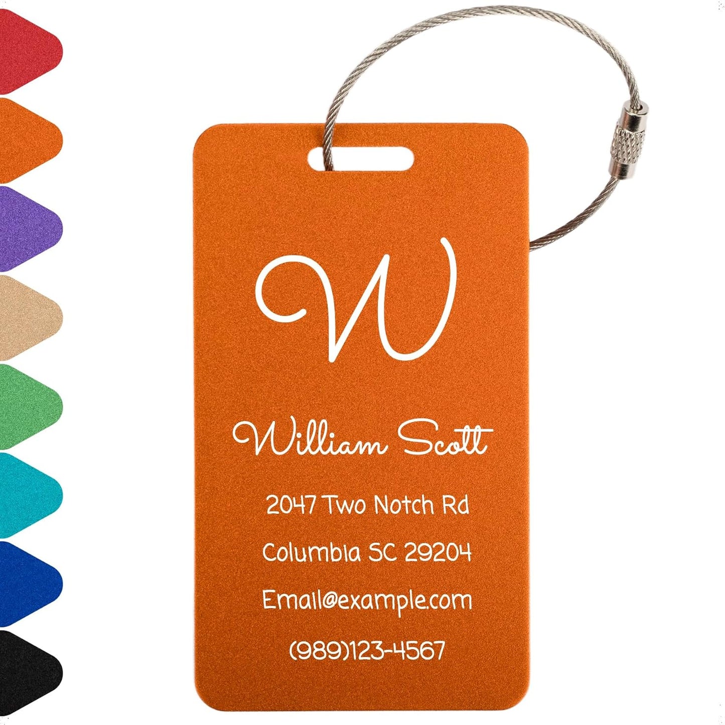 Personalized Luggage Tags for Suitcases Custom Metal Name Tags for Backpacks Bags Travel - Vertical (Orange)