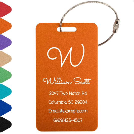 Personalized Luggage Tags for Suitcases Custom Metal Name Tags for Backpacks Bags Travel - Vertical (Orange)
