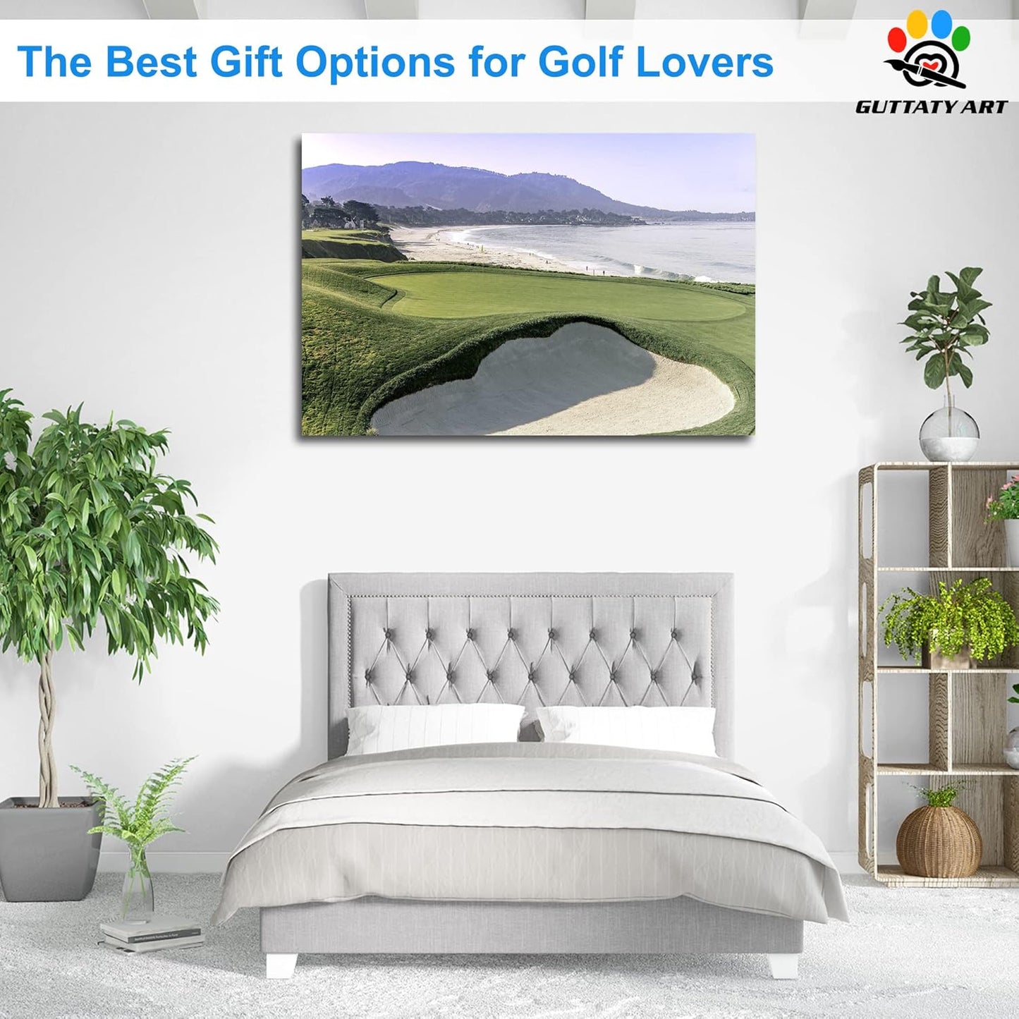 Beach Golf Wall Art, Pebble Beach Golf Links Spiritual Picture for Living Room Wall Decor, Outdoor Sports Golf Painting Prints Bedroom Kitchen Decor, Framed Artwork for Office Home 32x48 Inches